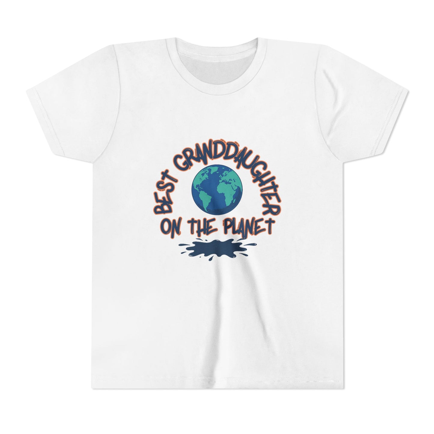 White t-shirt with 'Best Granddaughter on the Planet' text and globe graphic on a white background