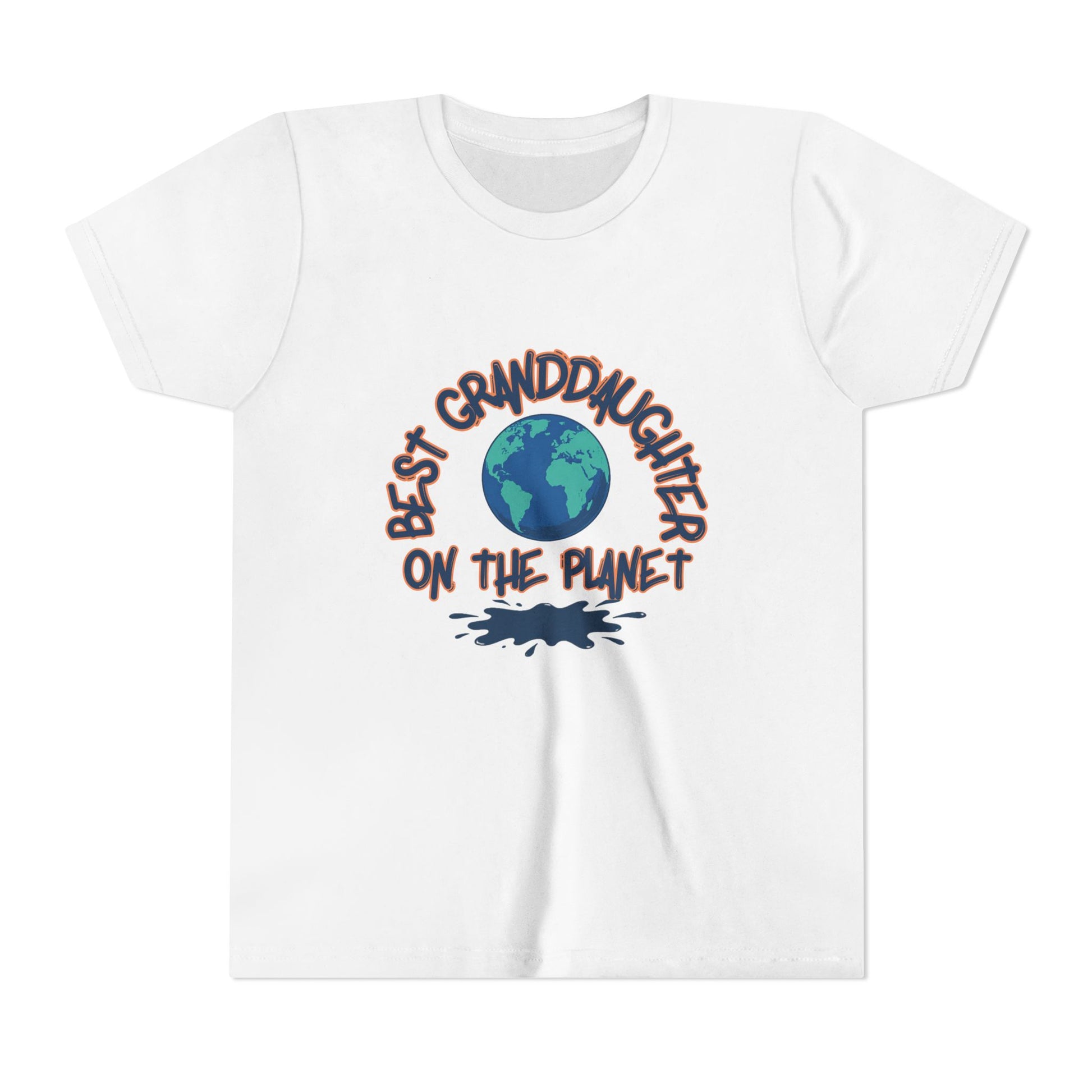 White t-shirt with 'Best Granddaughter on the Planet' text and globe graphic on a white background