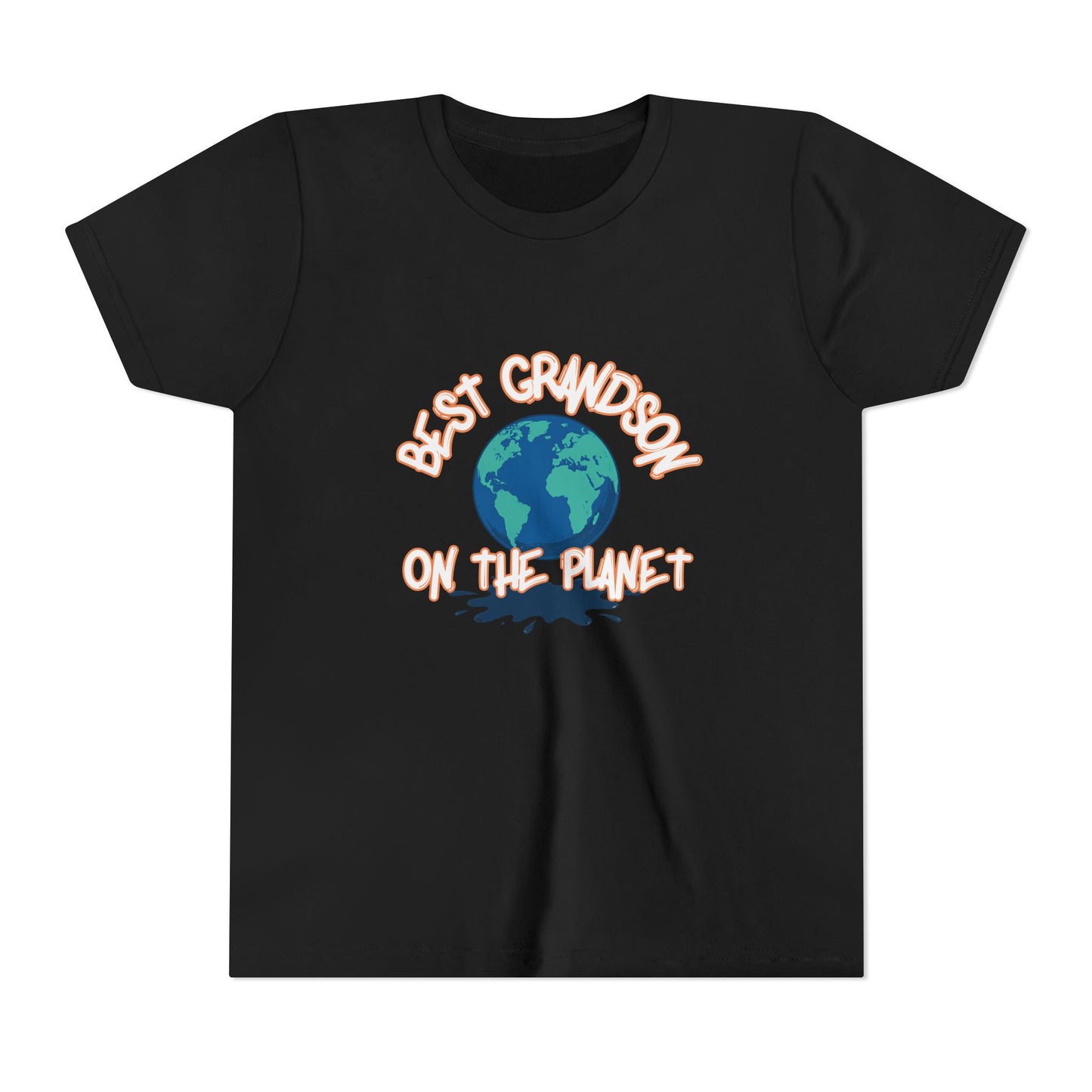 Black t-shirt with 'Best Grandson on the Planet' text and Earth graphic on a white background