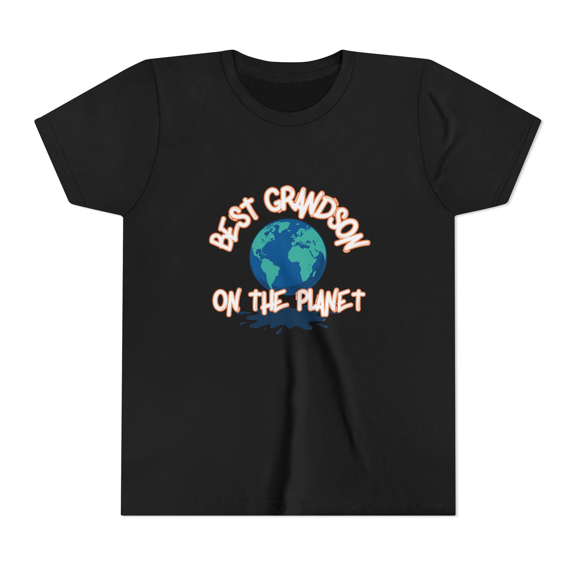 Black t-shirt with 'Best Grandson on the Planet' text and Earth graphic on a white background