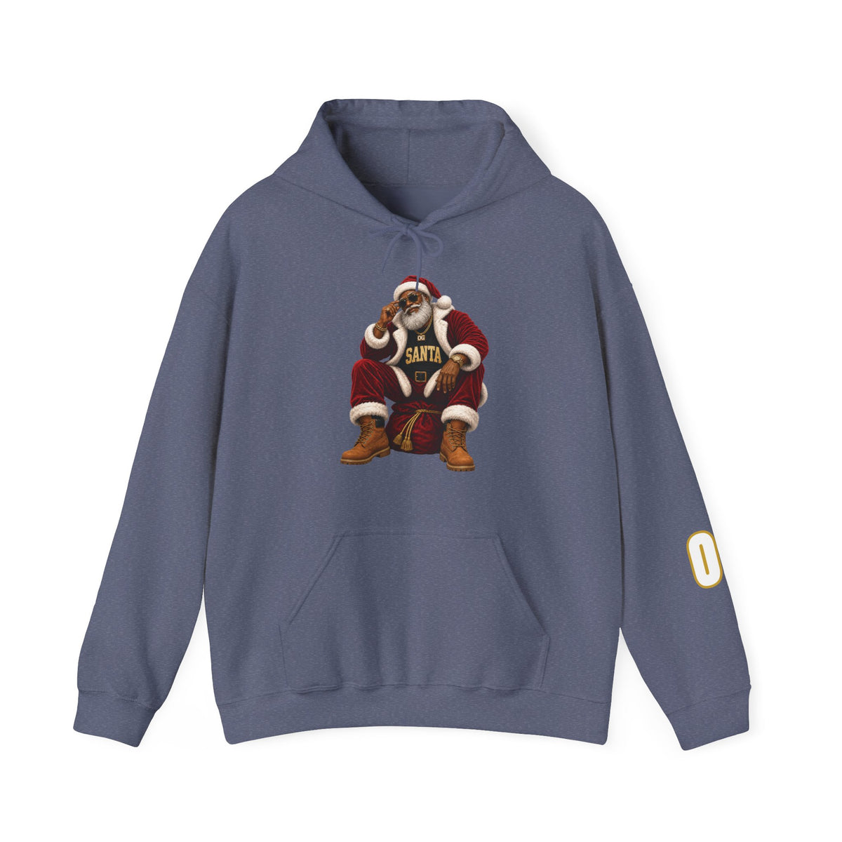 Blue-gray pullover hoodie featuring a seated Santa graphic with OG Santa lettering.