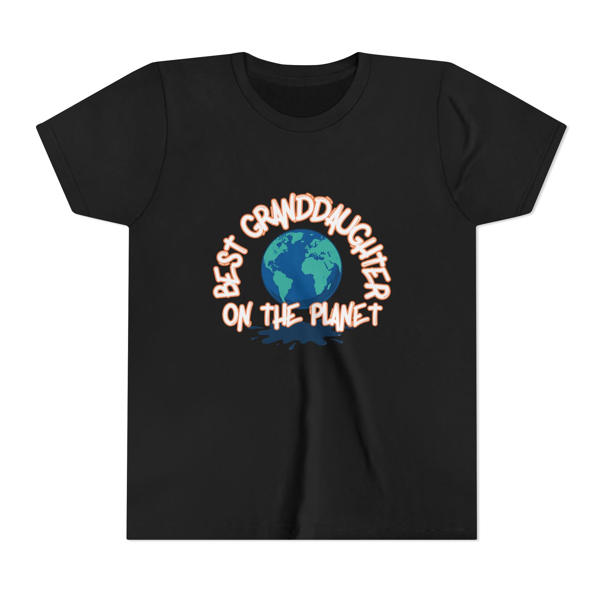 Black t-shirt with 'Best Granddaughter on the Planet' text and Earth graphic on a white background