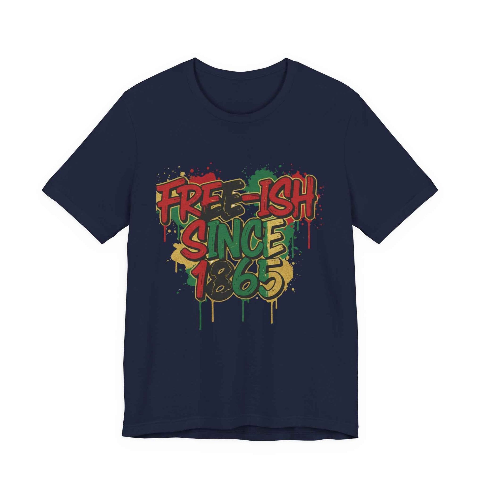 Free-ish Since 1865 Juneteenth Tee in Navy – flat lay mockup of graffiti style June 19 1865 emancipation graphic tee

