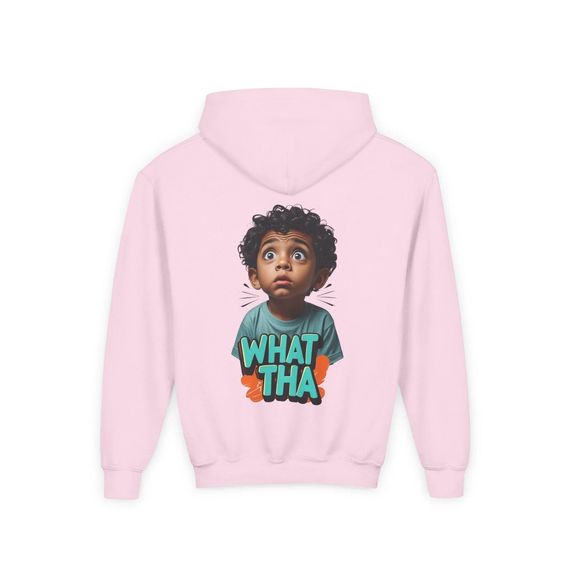 Youth Hoodie — Cute Kid Illustration "What Tha" Graphic Sweatshirt Printify