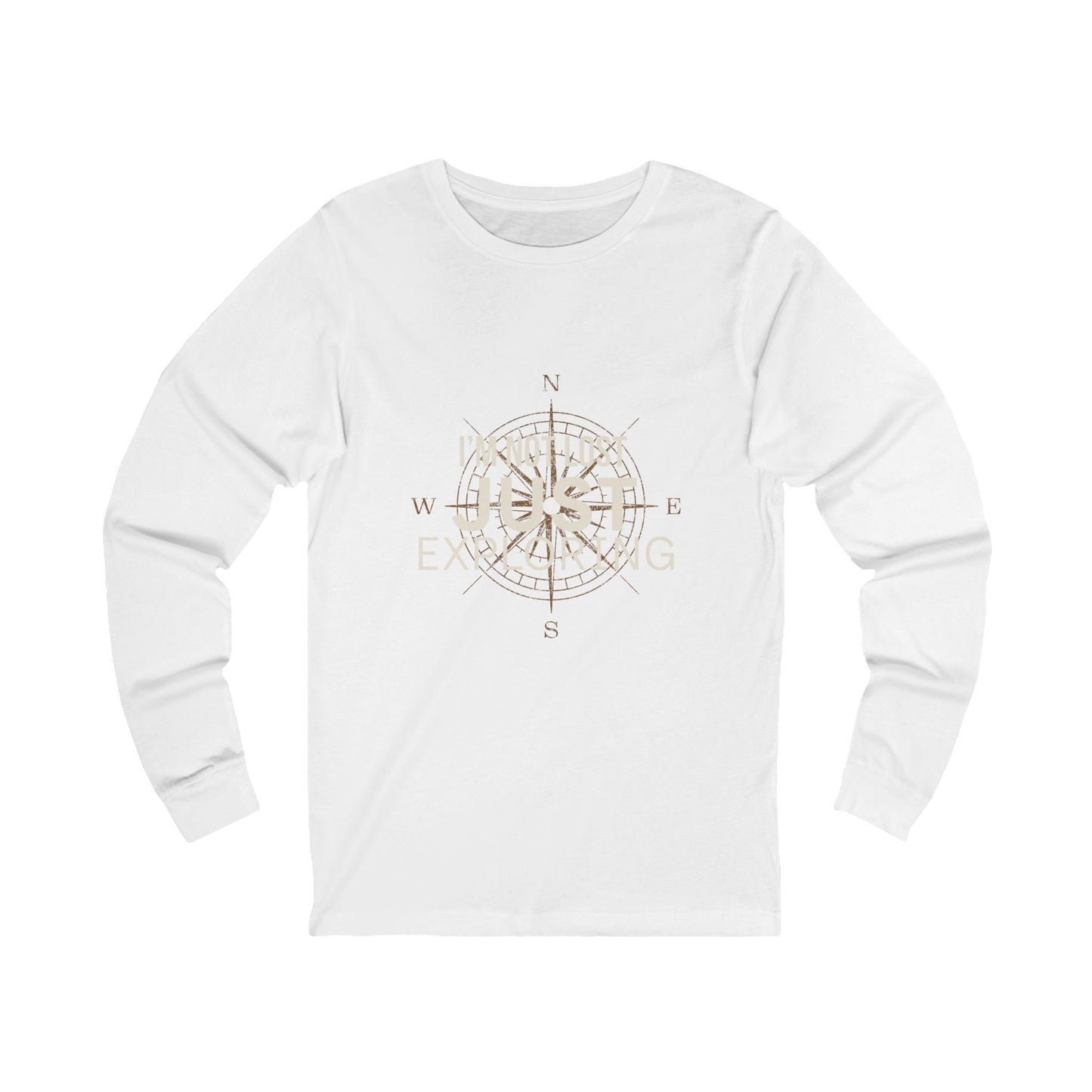 I'm Not Lost Just Exploring white long sleeve tee — front view with vintage compass rose graphic
