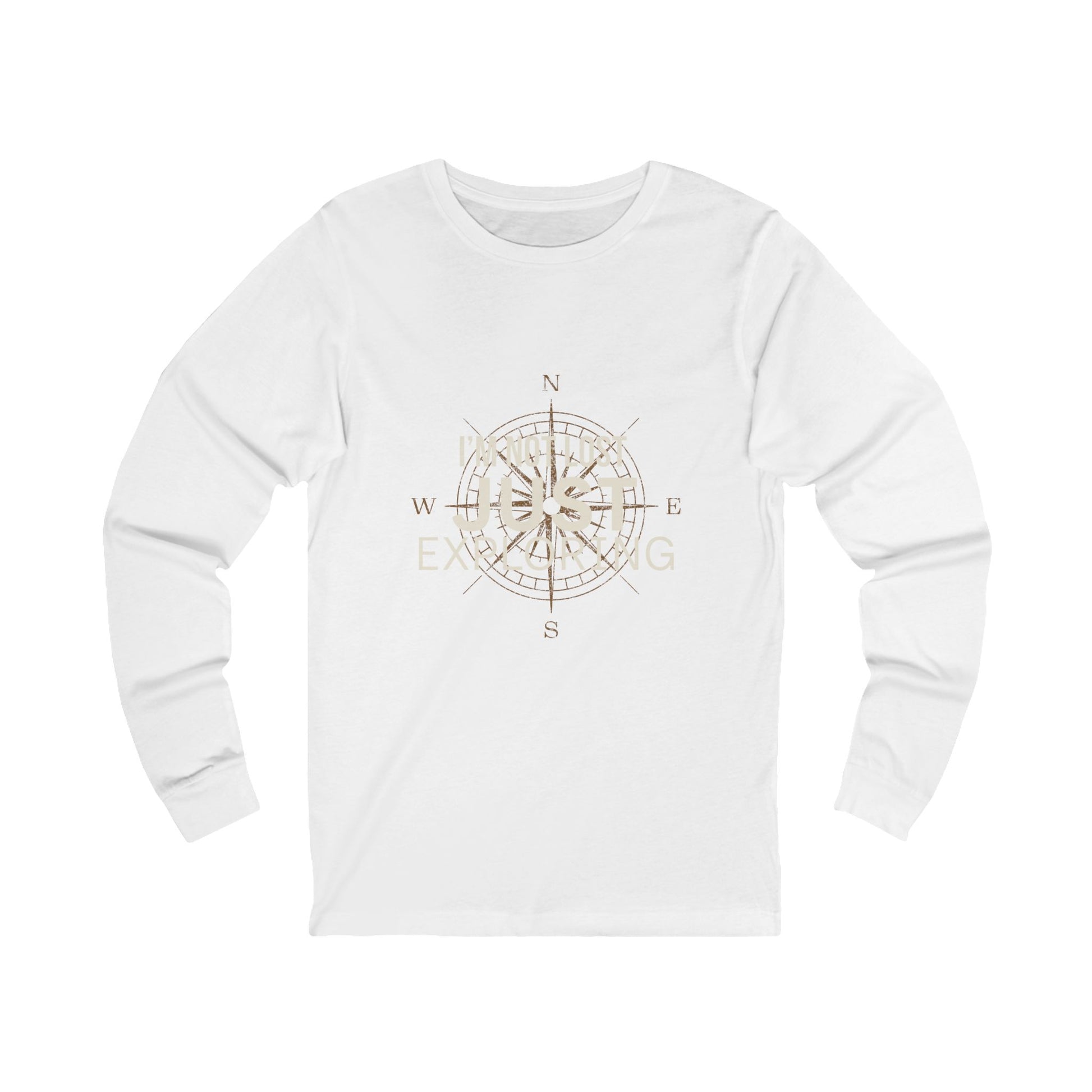 I'm Not Lost Just Exploring white long sleeve tee — front view with vintage compass rose graphic
