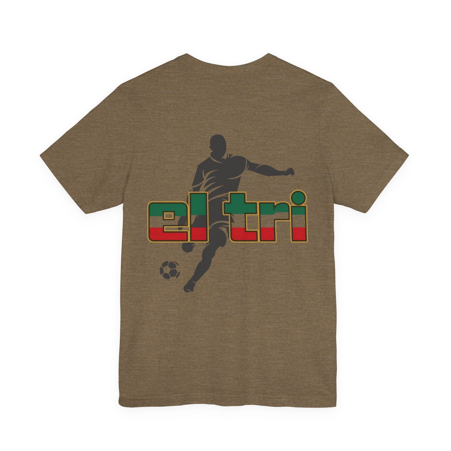 Heather olive El Tri soccer tee flat lay, back view showing player silhouette graphic
