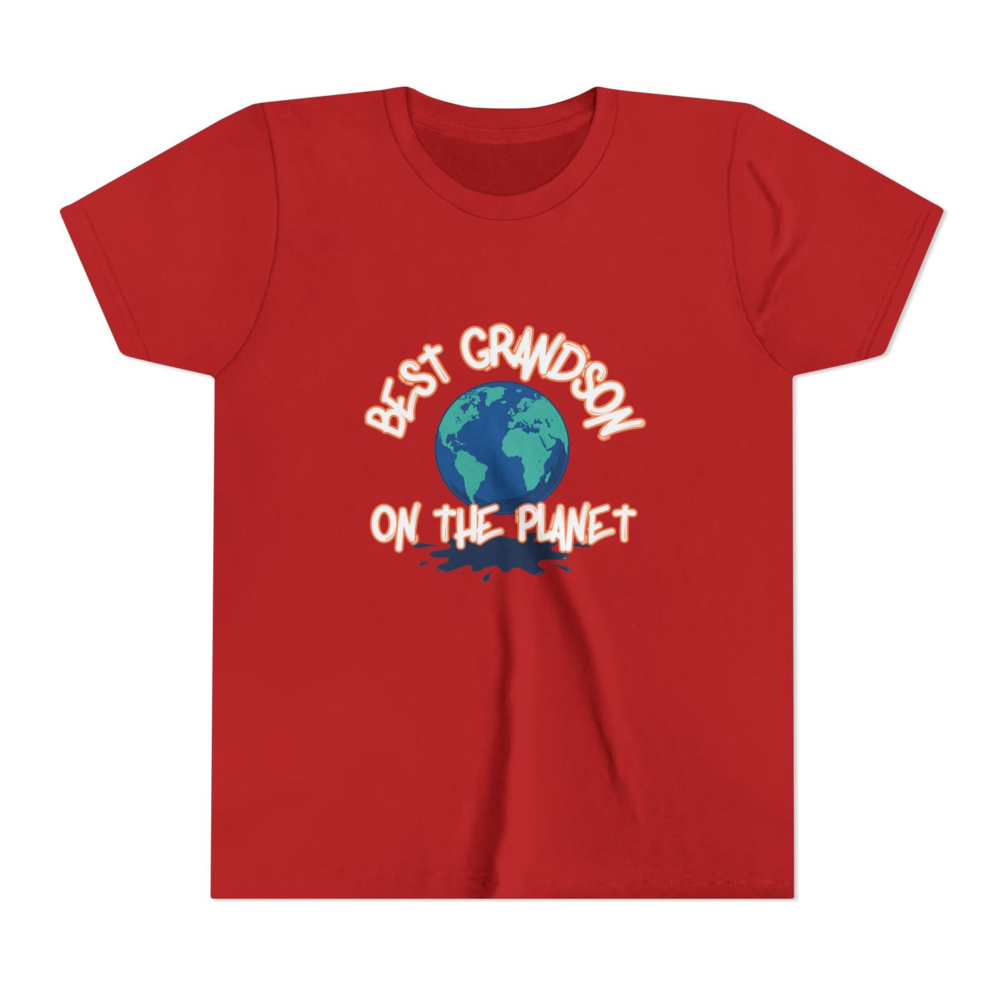 Red t-shirt with 'Best Grandson on the Planet' text and Earth graphic on a white background