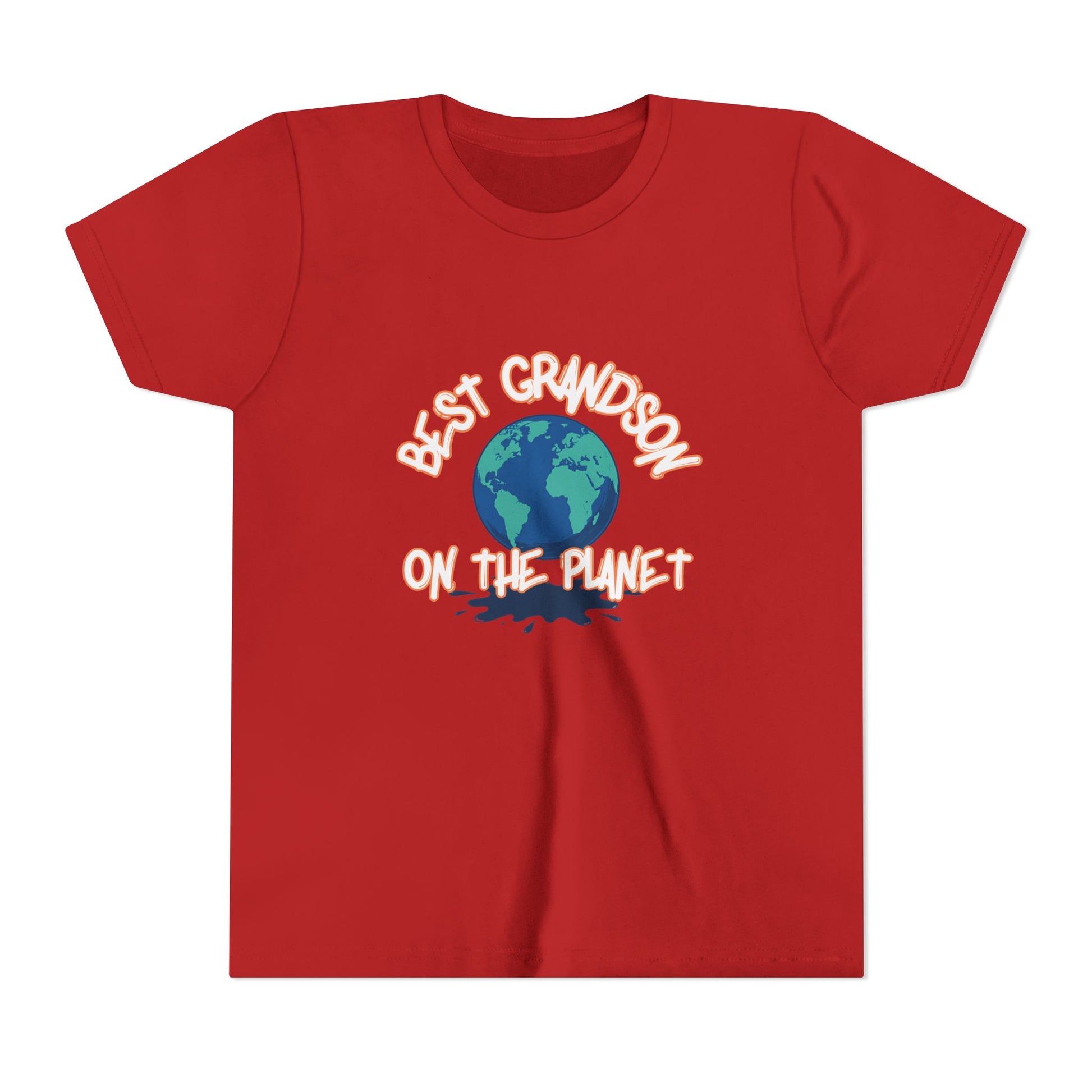 Red t-shirt with 'Best Grandson on the Planet' text and Earth graphic on a white background