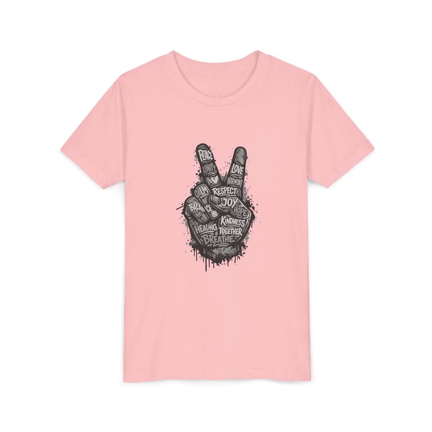 Youth Peace Sign Tee – Handwritten Words of Love & Respect Graphic