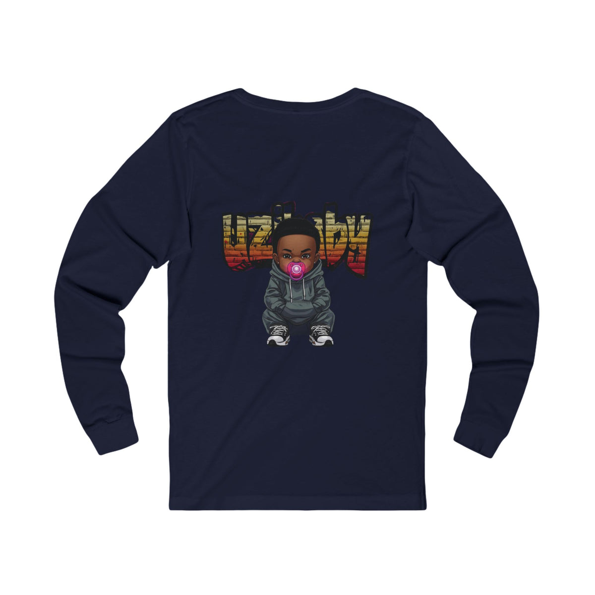 Back view of a navy Uzi Baby long-sleeve t-shirt with the Uzi Baby character and UZIBABY logo print