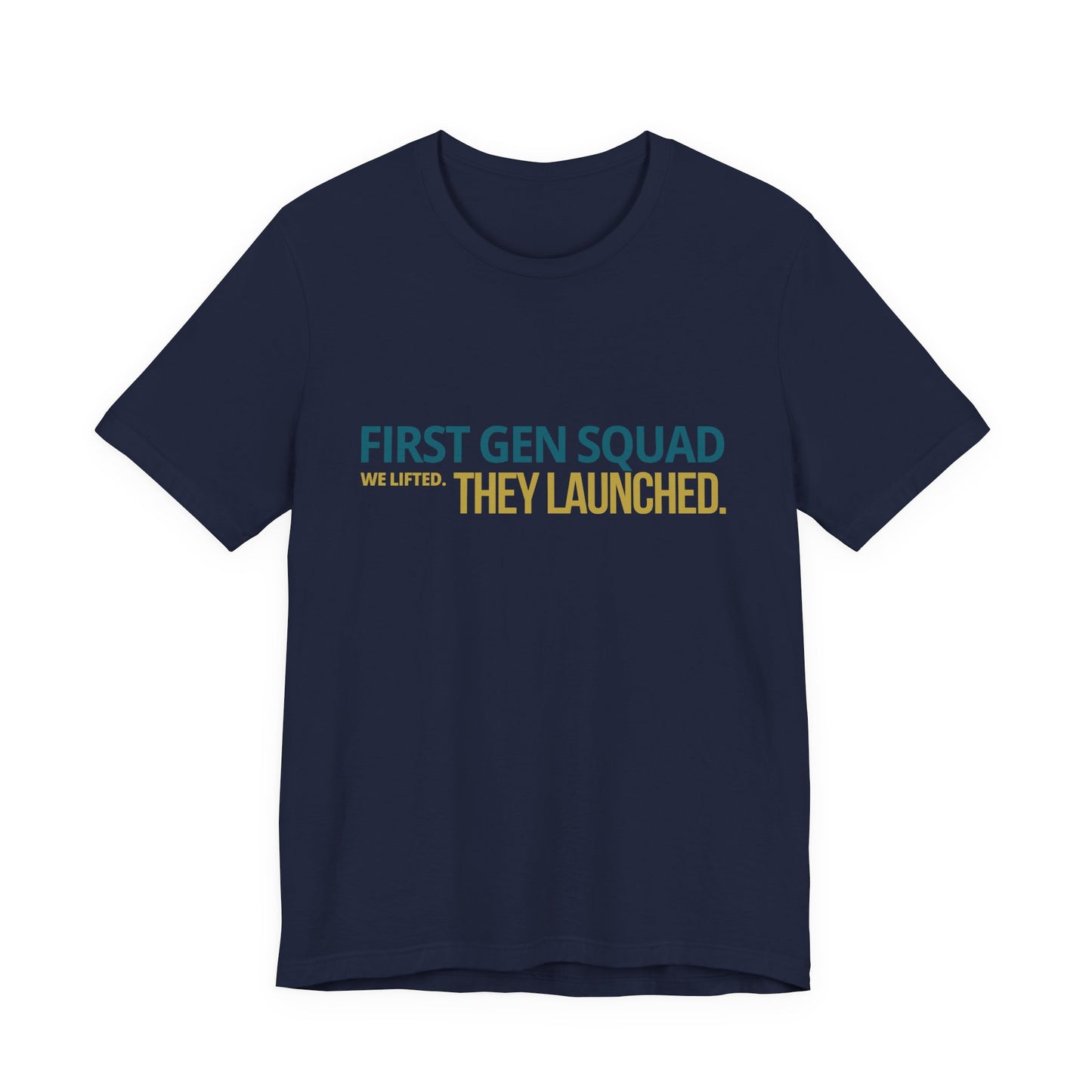 First Gen Squad graduation tee in navy — teal and gold graphic print — streetwear senior picture outfit for first gen graduates and squad