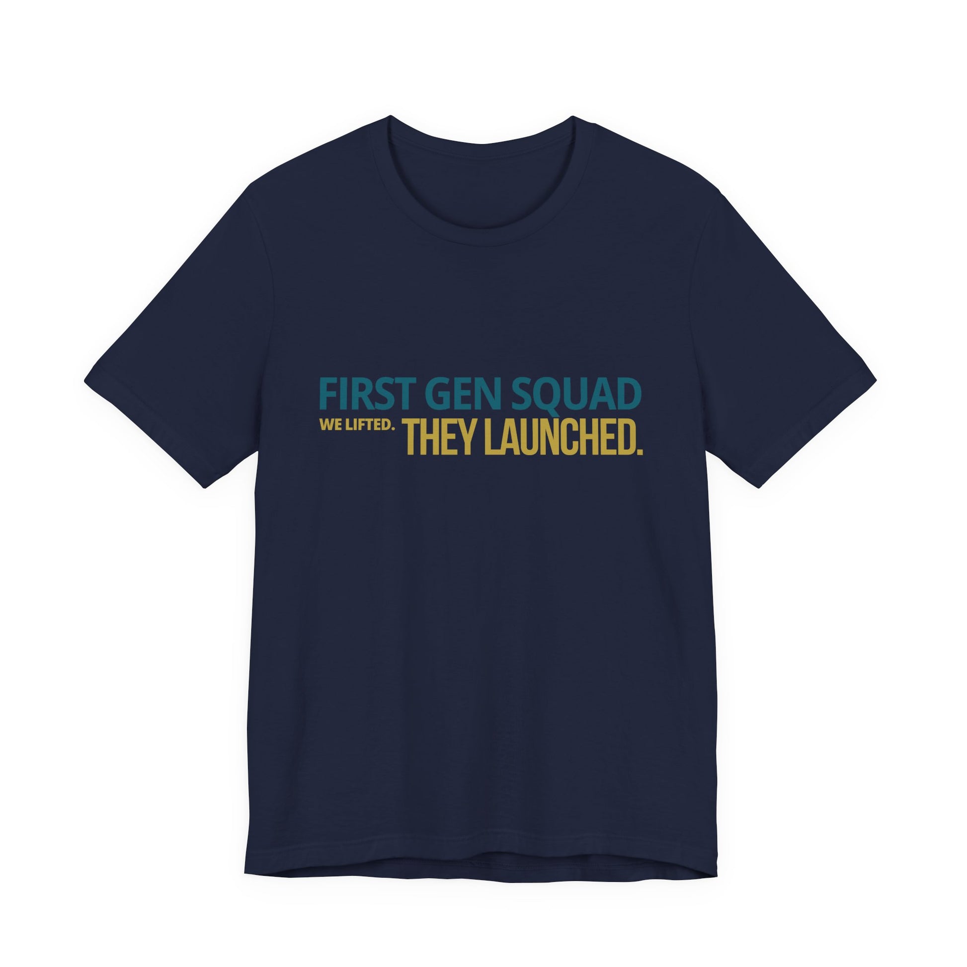 First Gen Squad graduation tee in navy — teal and gold graphic print — streetwear senior picture outfit for first gen graduates and squad