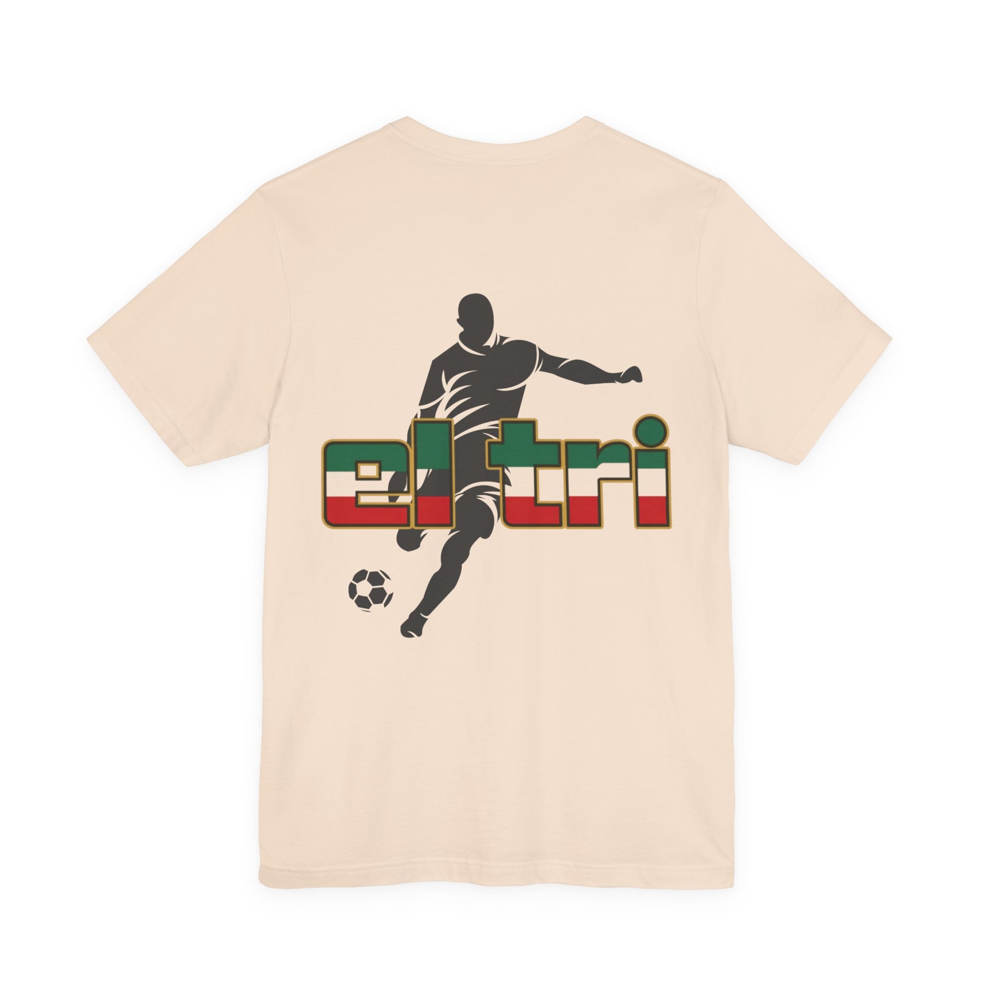 Soft cream El Tri soccer tee flat lay, back view showing player silhouette and flag-colored wordmark
