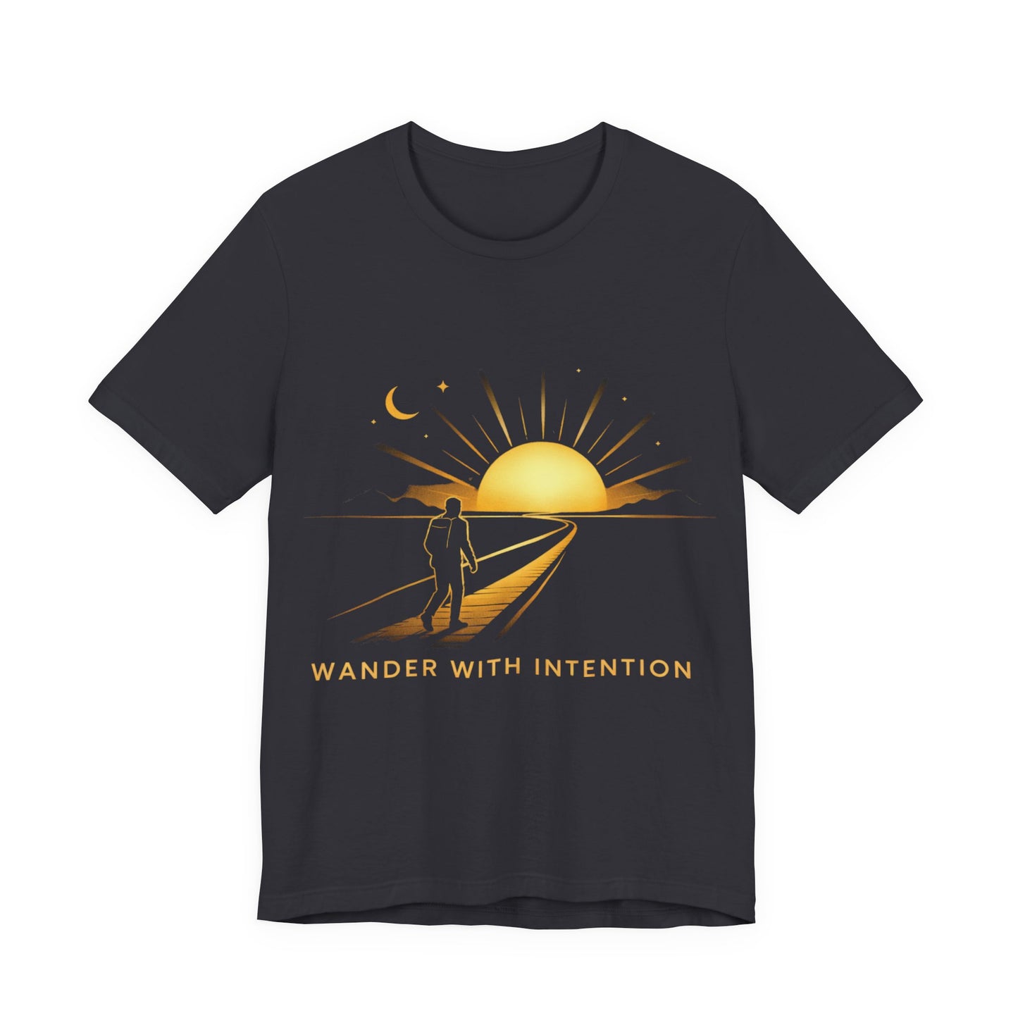 Heather Black Wander With Intention tee flat lay, alternate front view
