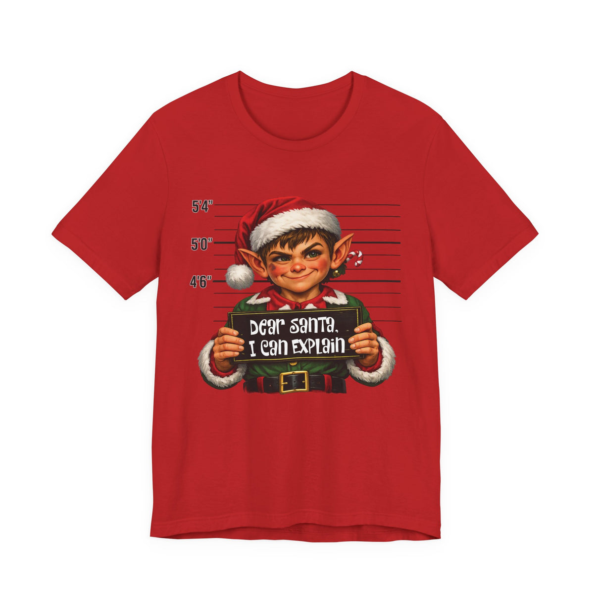 Red Dear Santa I Can Explain funny Christmas elf t-shirt, front view