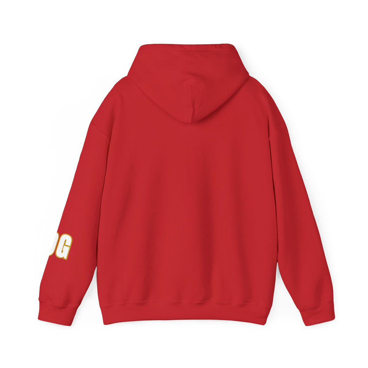 Back view of a red OG Santa pullover hoodie with a plain back and a small sleeve detail.