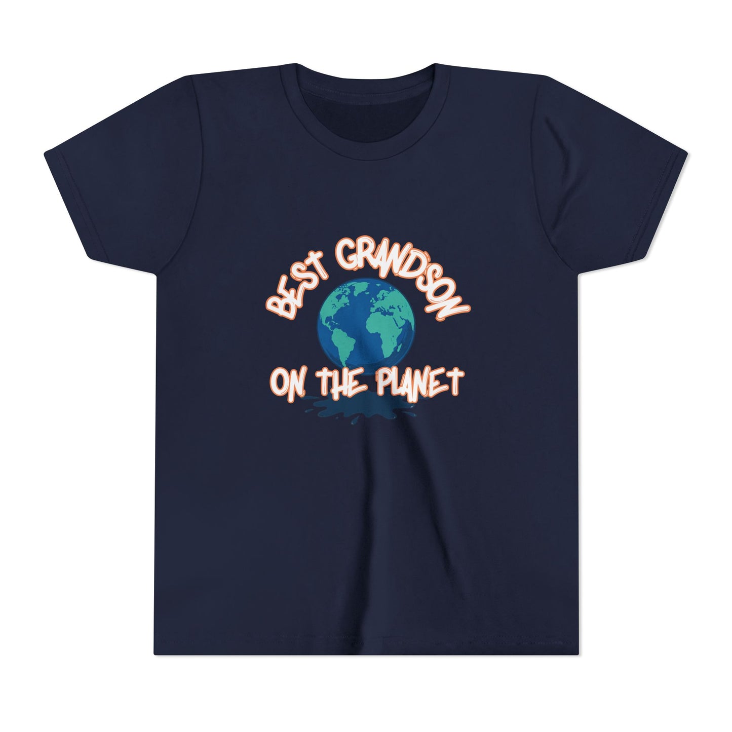 Navy blue t-shirt with 'Best Grandson on the Planet' text and Earth graphic on a white background