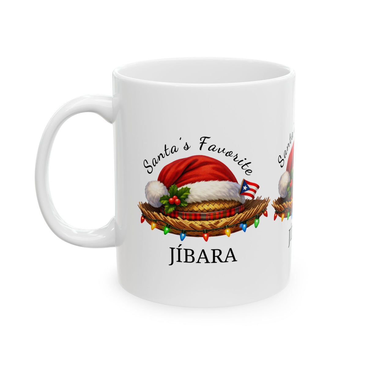 White Santa’s Favorite Jíbara Christmas mug with a straw hat, Santa hat, Puerto Rican flag, and colorful lights, handle on the left.
