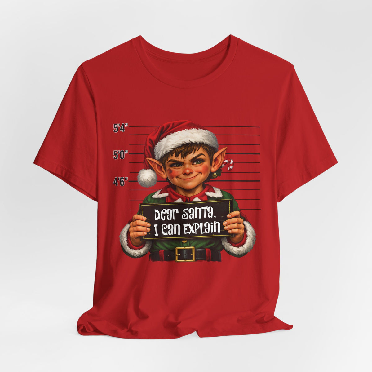 Red Dear Santa I Can Explain elf mugshot t-shirt, flat lay close-up
