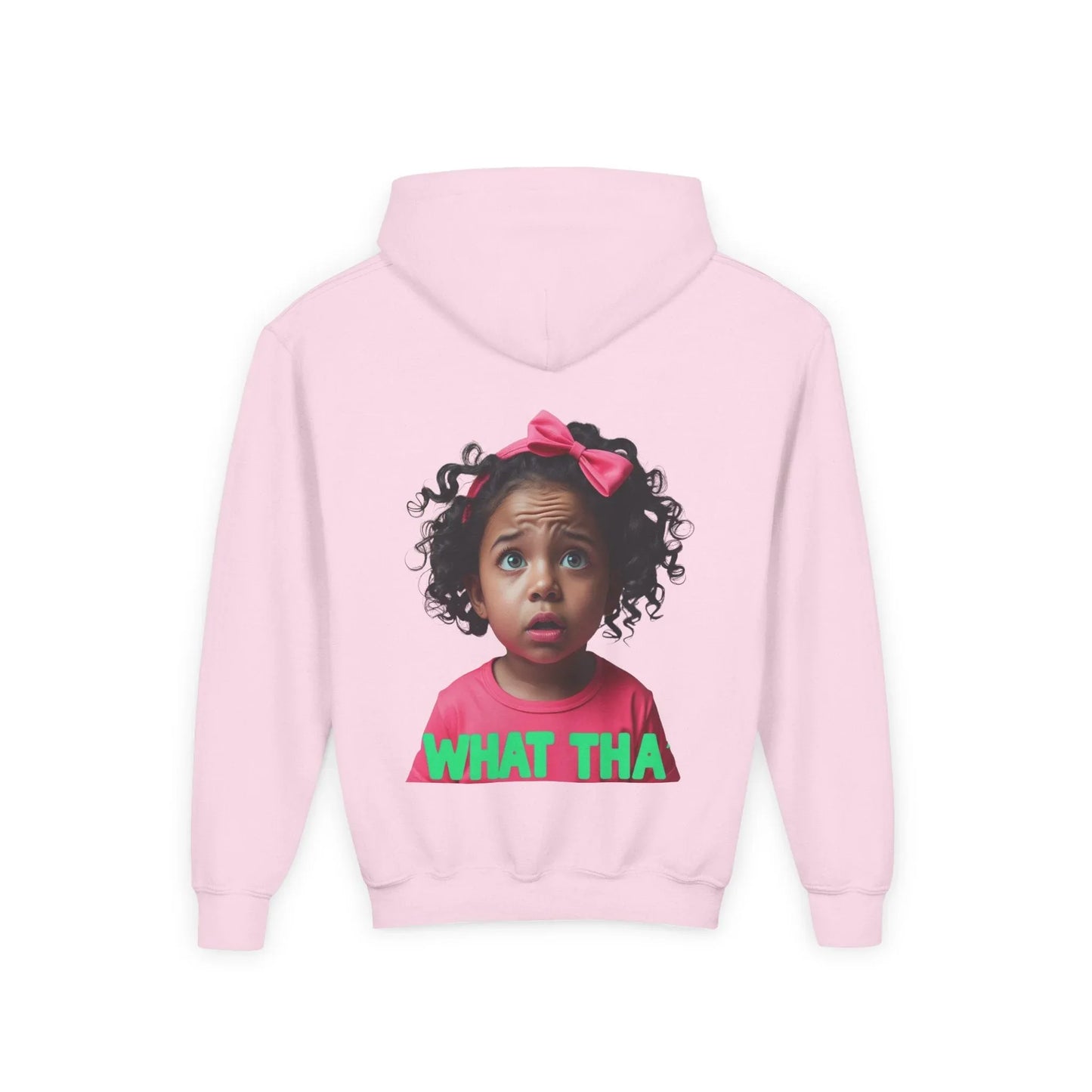Youth Hoodie — "What Tha" Funny Kid Expression Graphic Pullover Printify