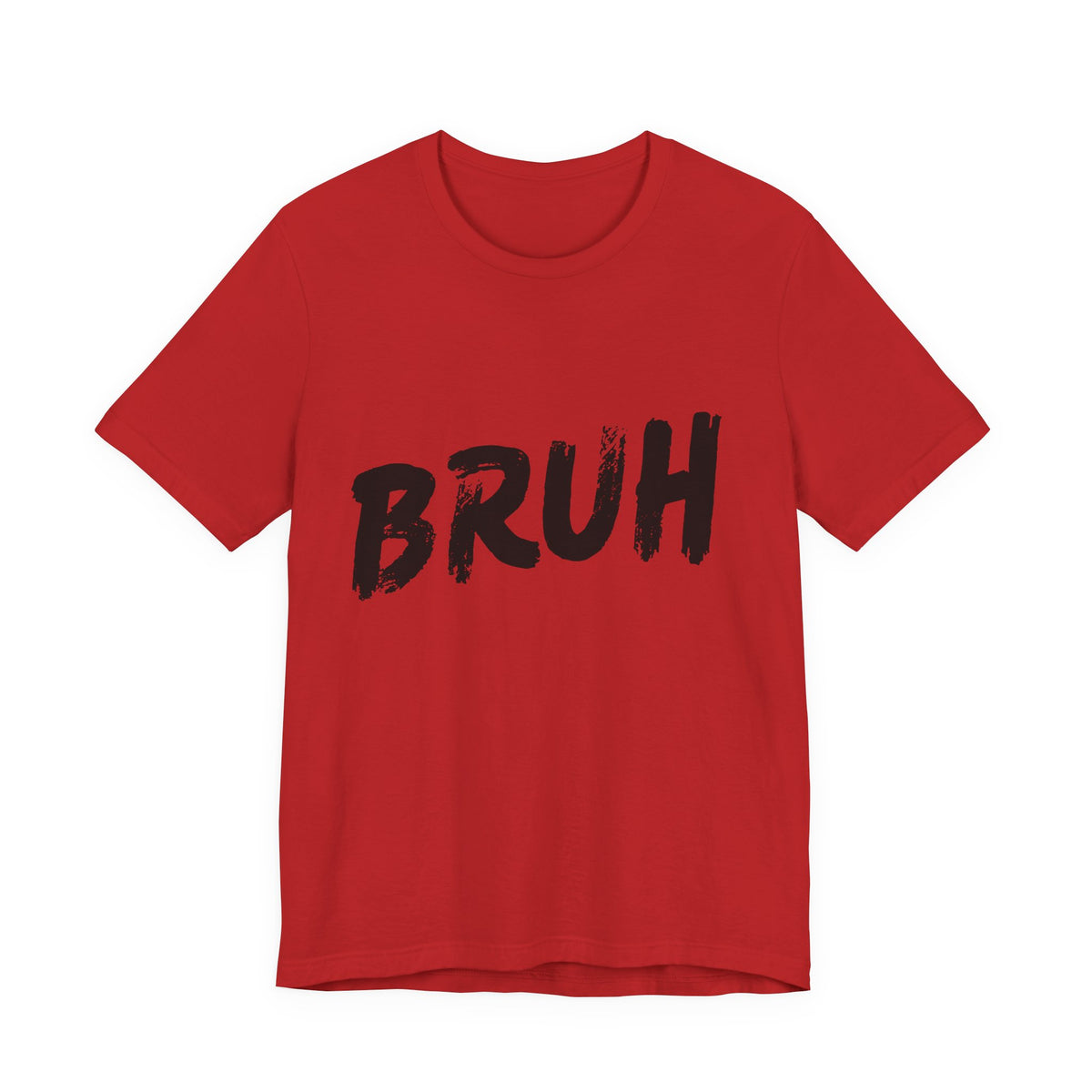 Red t-shirt with 'BRUH' text on a white background