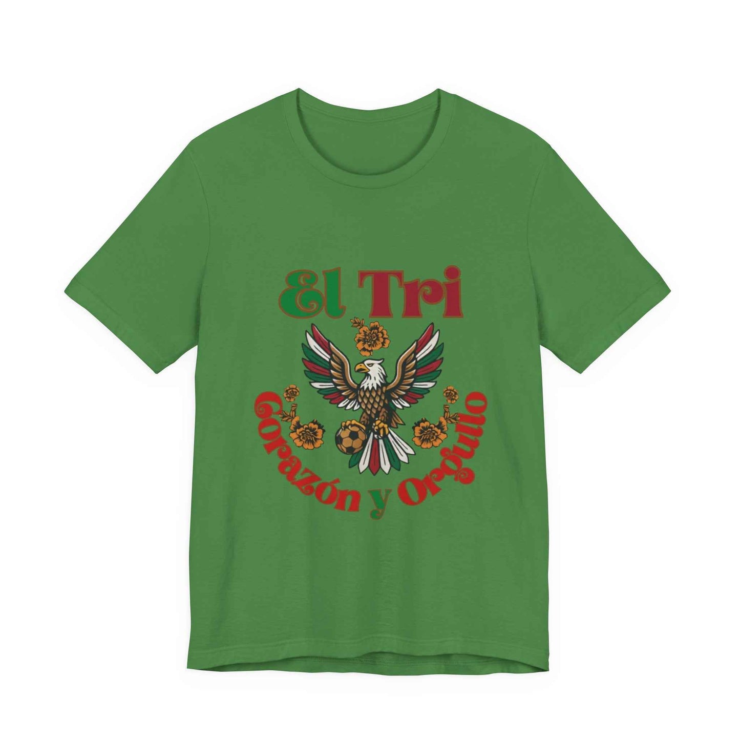 Kelly green El Tri Corazón y Orgullo tee flat lay, front view
