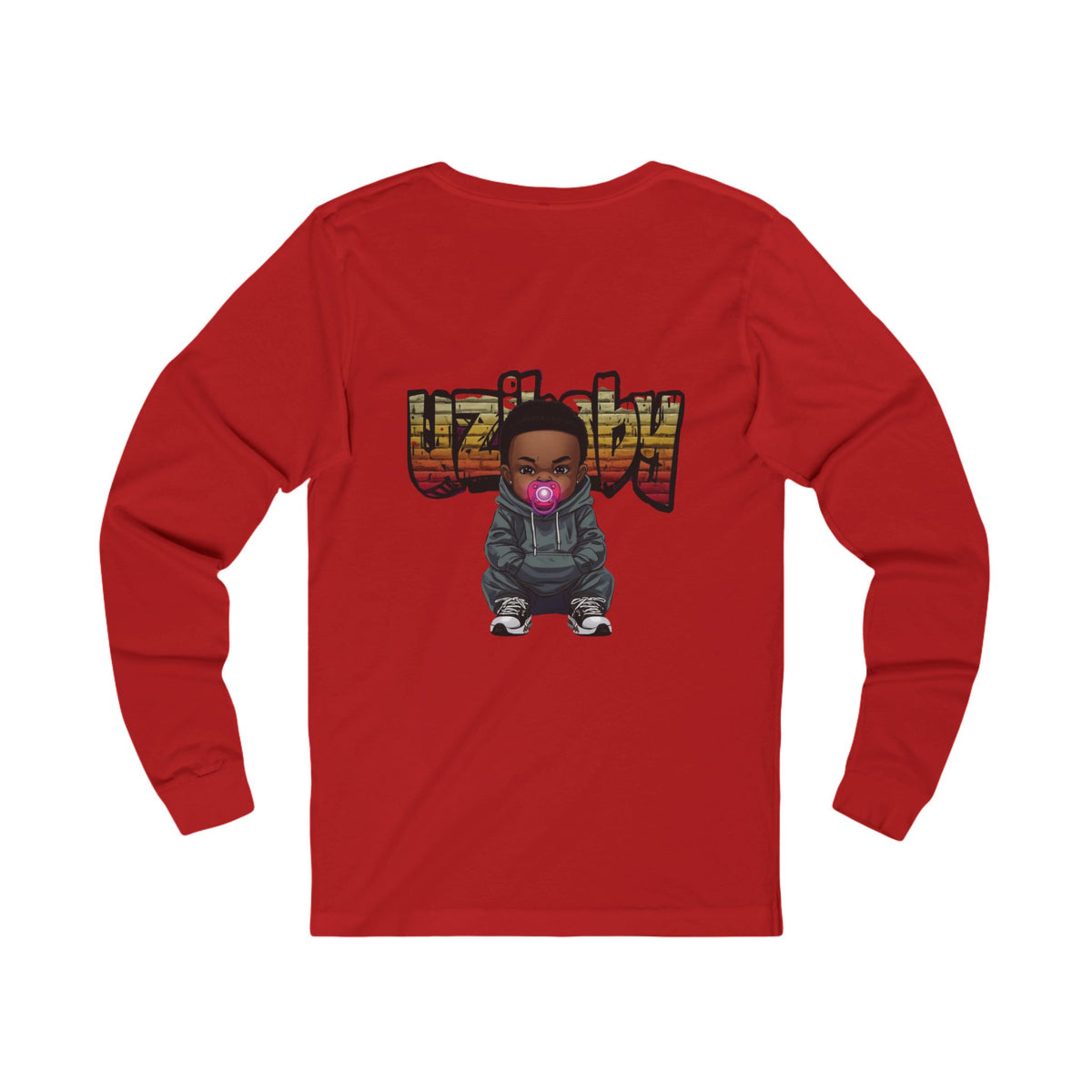 Back view of a red Uzi Baby long-sleeve t-shirt with the Uzi Baby character and UZIBABY logo print