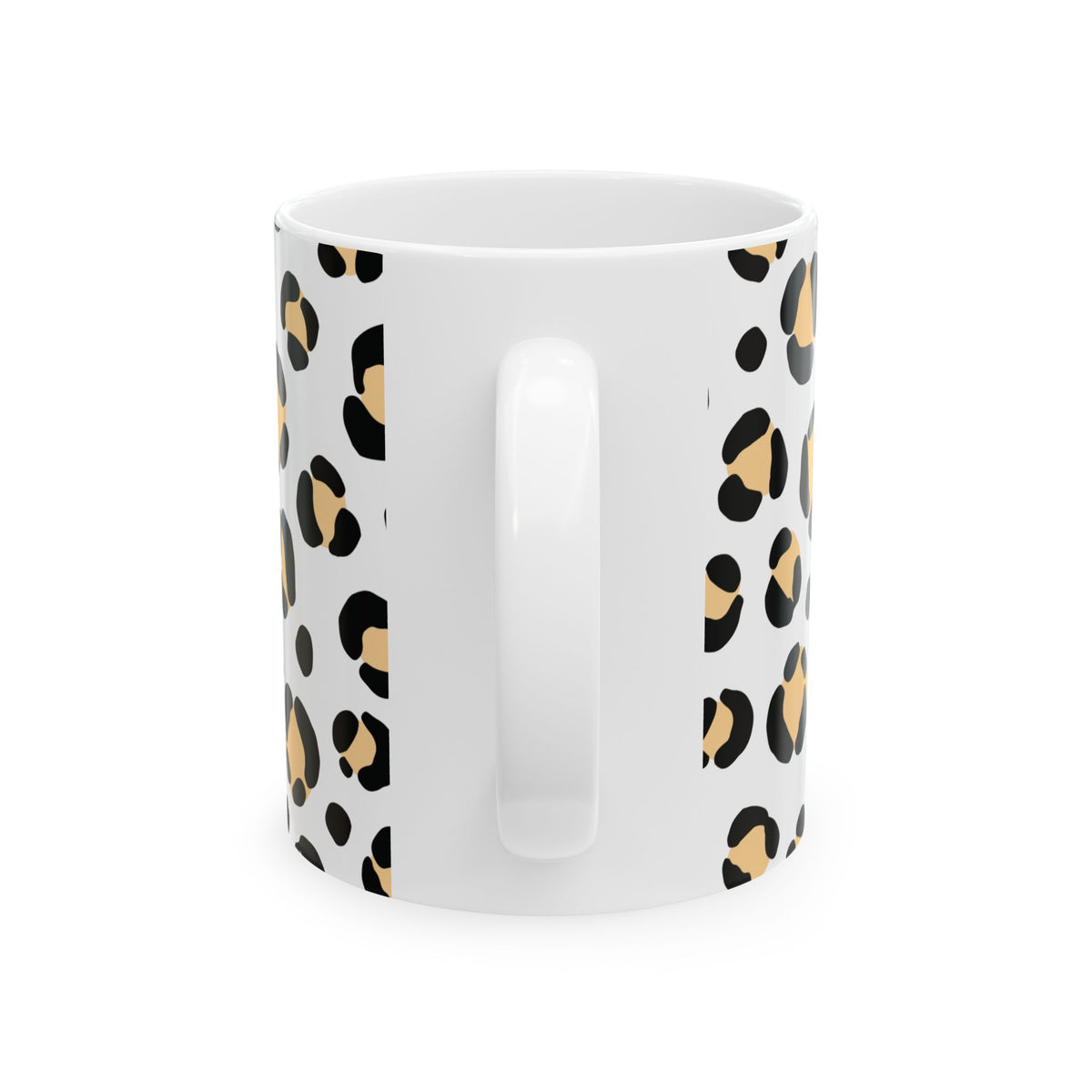 A white ceramic mug with a vertical leopard print pattern featuring black and tan spots, shown against a plain white background.