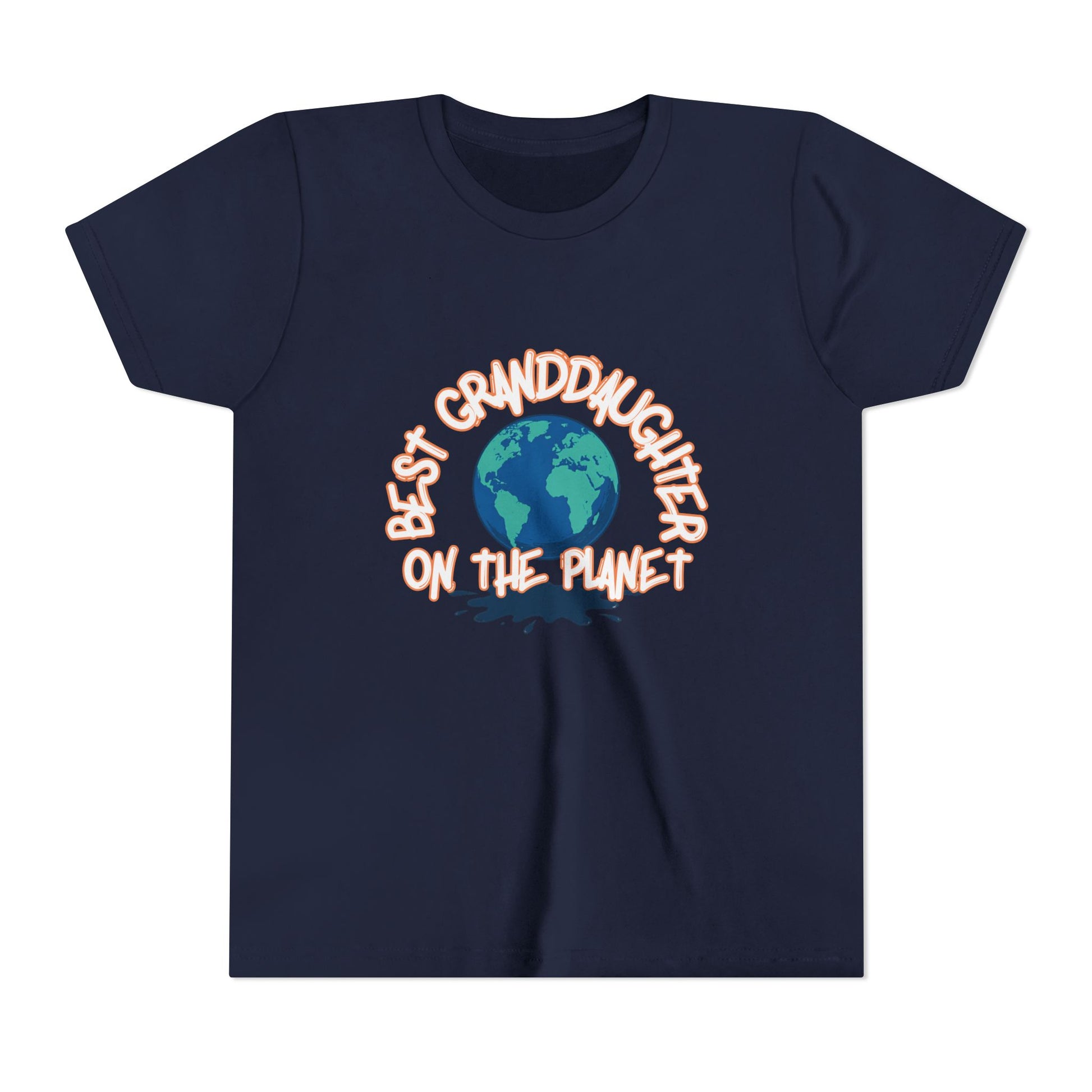 Navy blue t-shirt with 'Best Granddaughter on the Planet' text and Earth graphic on a white background