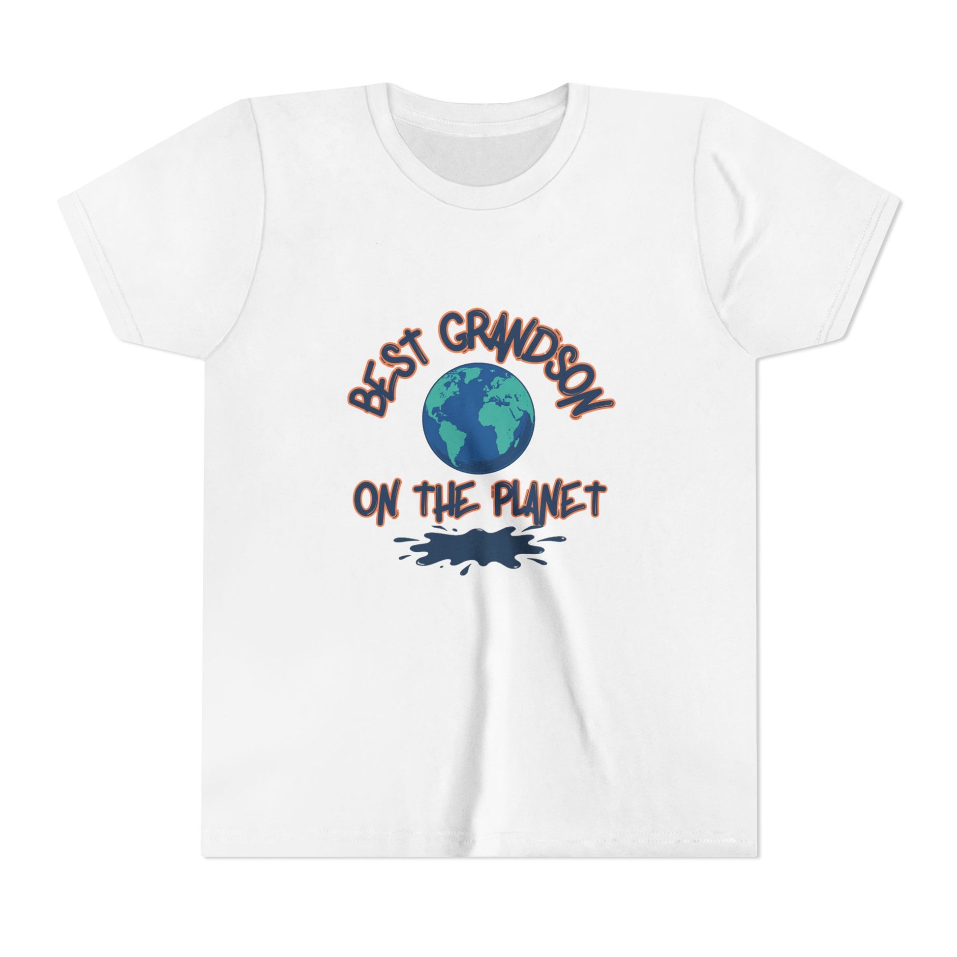 White t-shirt with 'Best Grandson on the Planet' text and Earth graphic on a white background