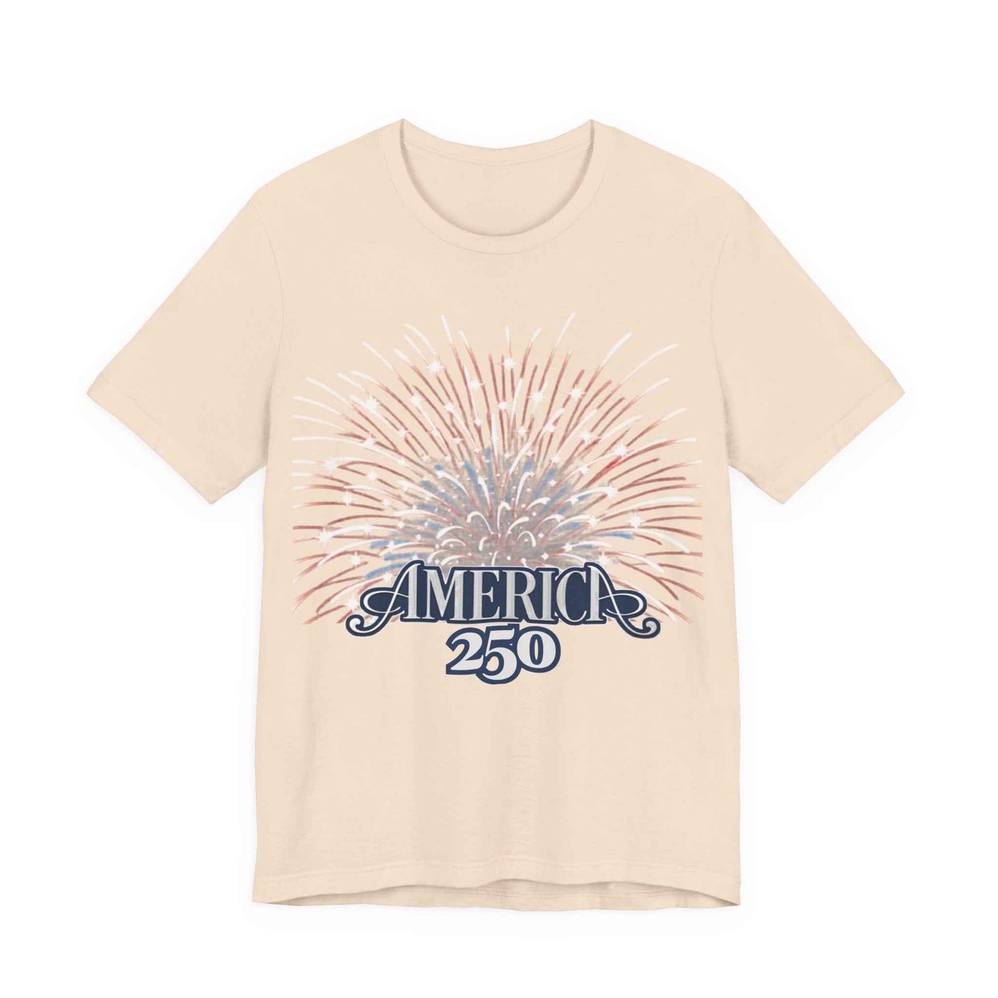 America 250 Fireworks Graphic Tee in Natural – flat lay mockup showing America 250 patriotic fireworks sunburst design


