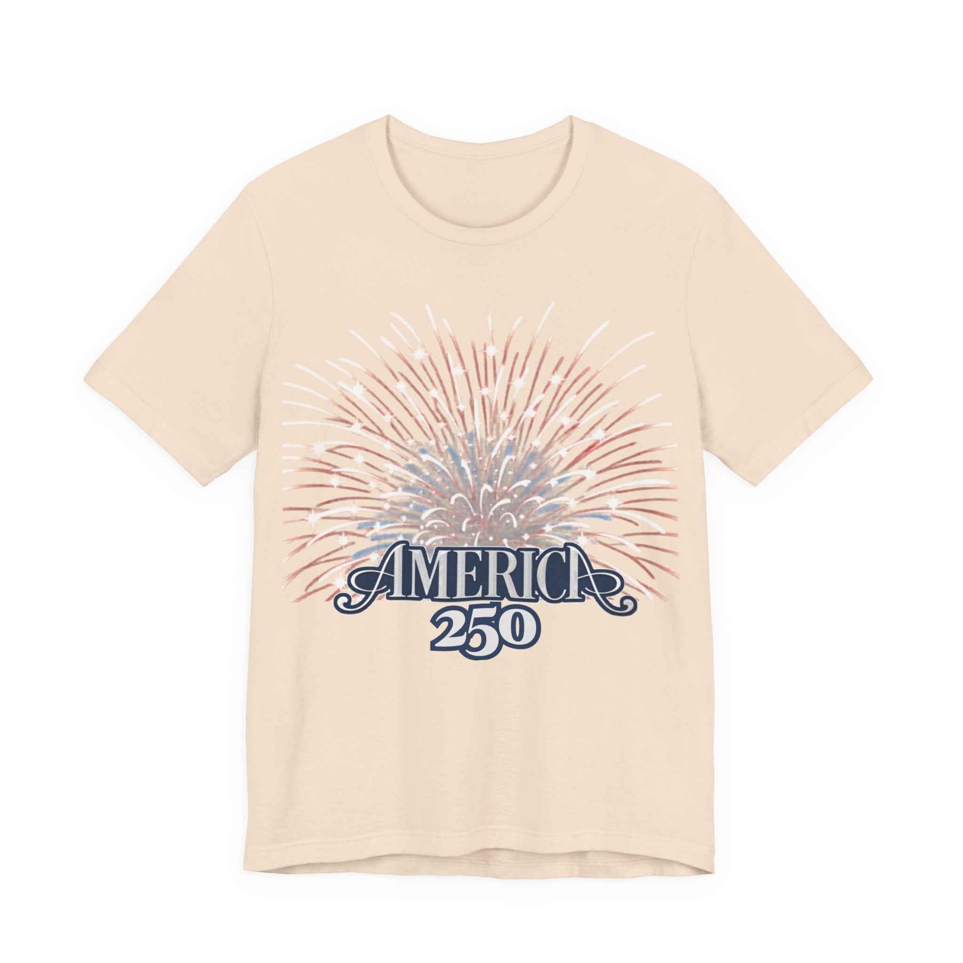 America 250 Fireworks Graphic Tee in Natural – flat lay mockup showing America 250 patriotic fireworks sunburst design

