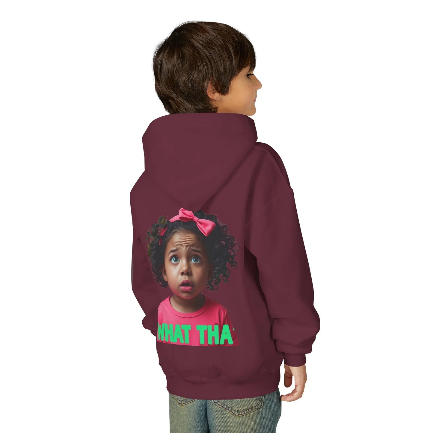 Youth Hoodie — "What Tha" Funny Kid Expression Graphic Pullover Printify