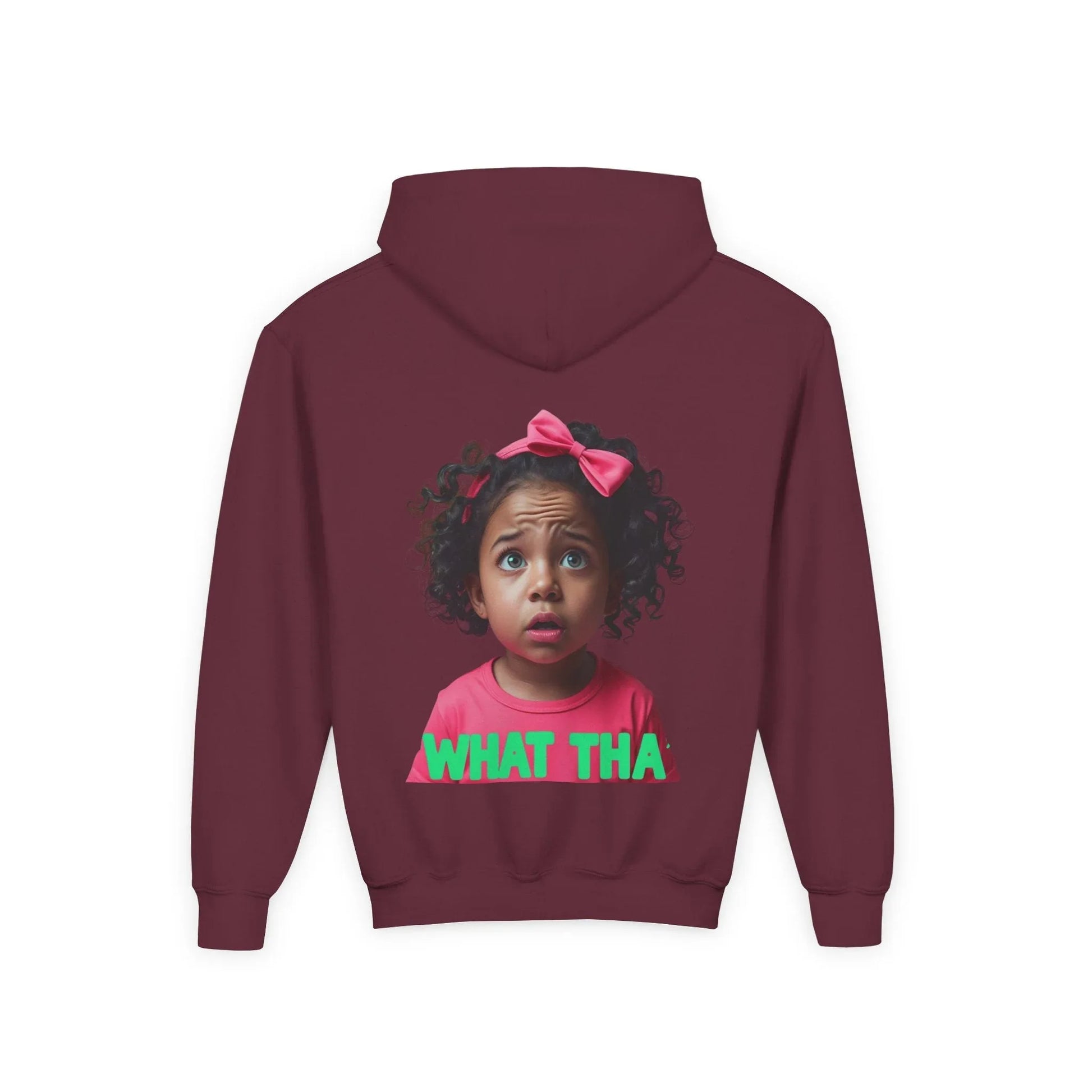 Youth Hoodie — "What Tha" Funny Kid Expression Graphic Pullover Printify