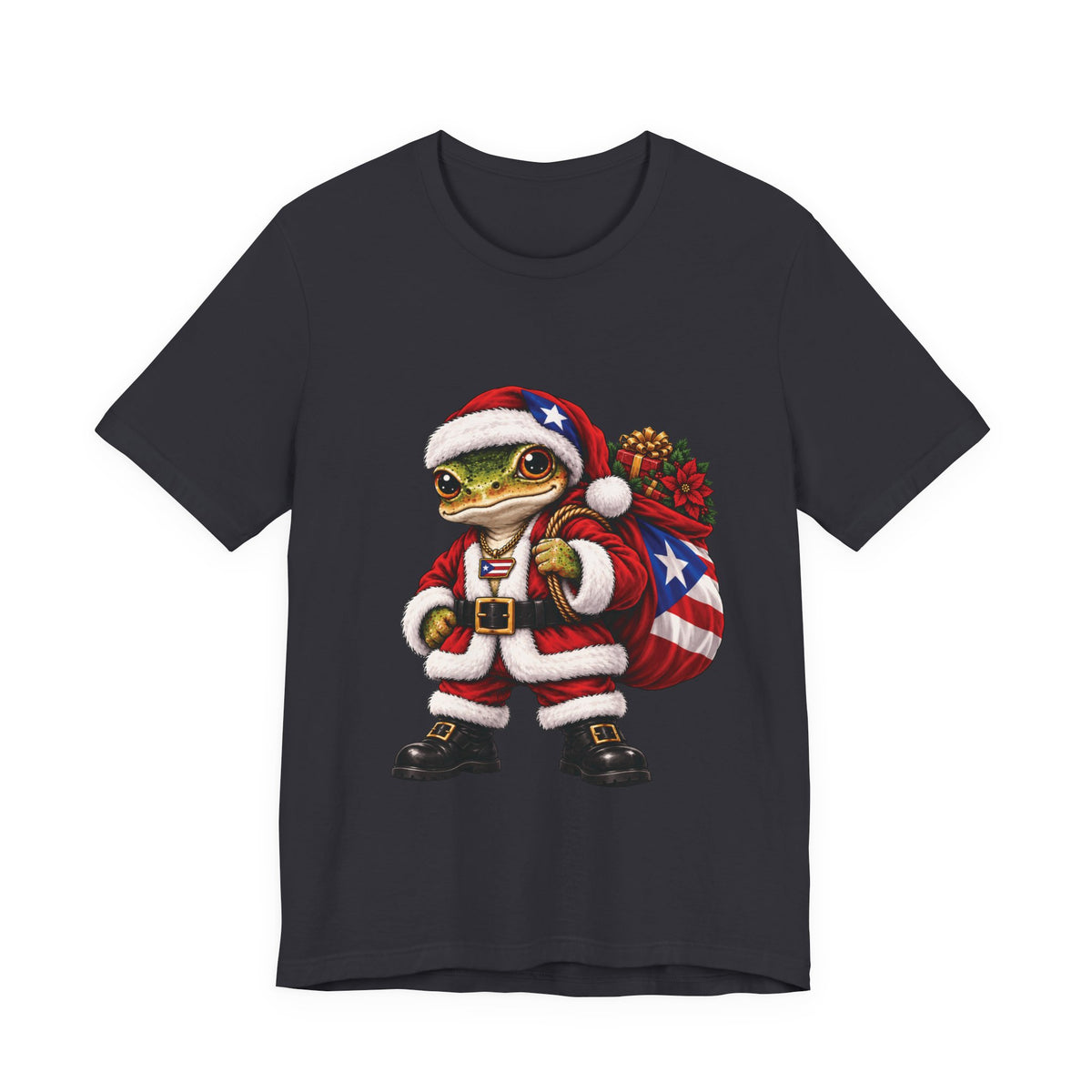 Black Puerto Rican coquí Santa Christmas t-shirt displayed flat.
