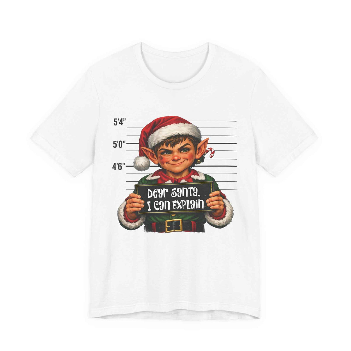 White Dear Santa I Can Explain funny Christmas elf t-shirt, front view