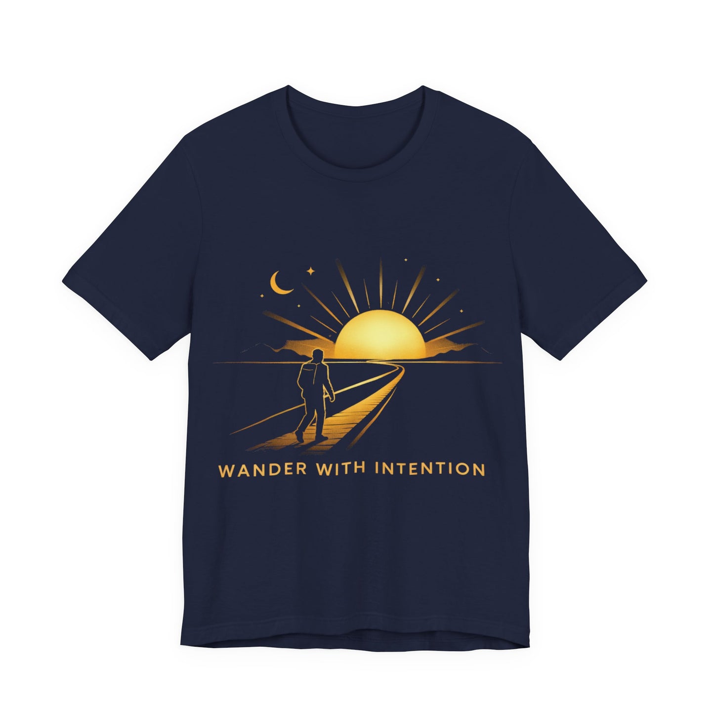Navy Wander With Intention tee flat lay, front view with golden sunset surfer graphic
