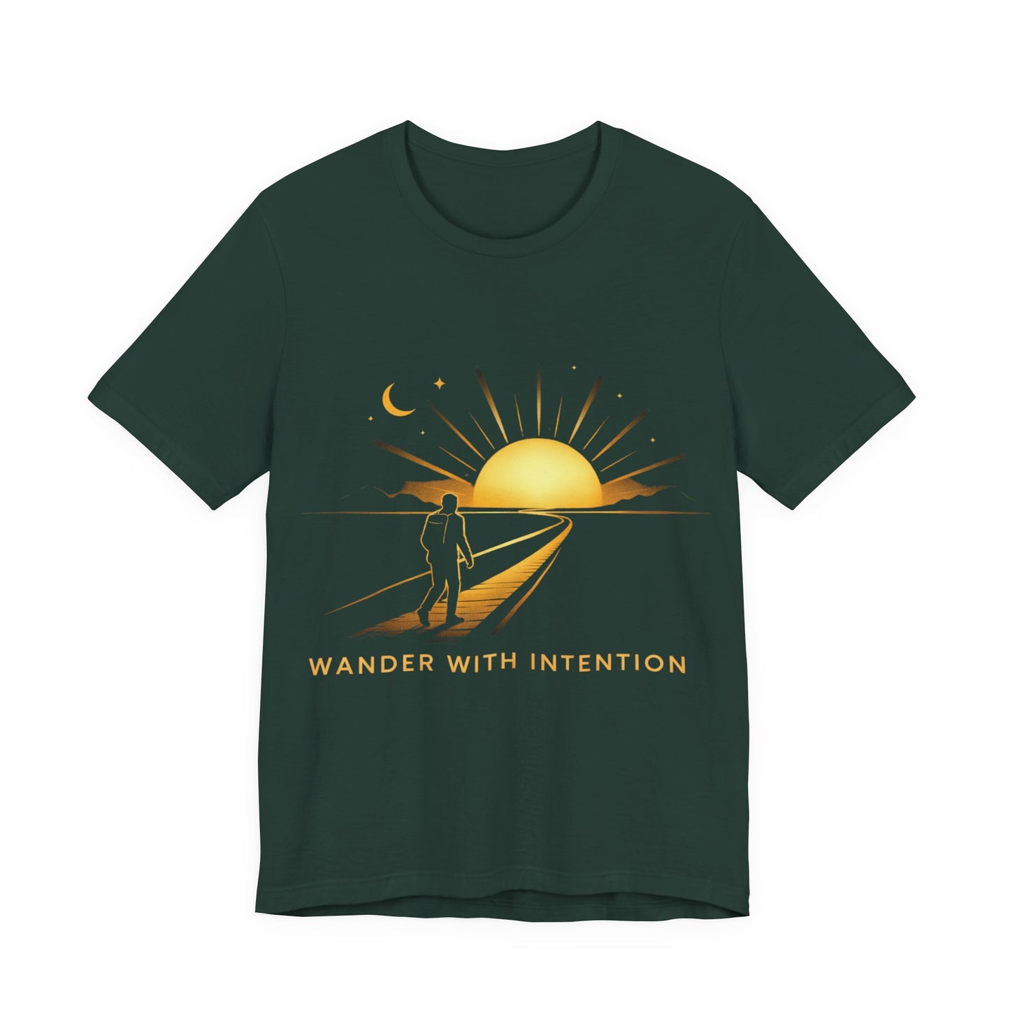 Forest green Wander With Intention tee flat lay, front view with sunset graphic
