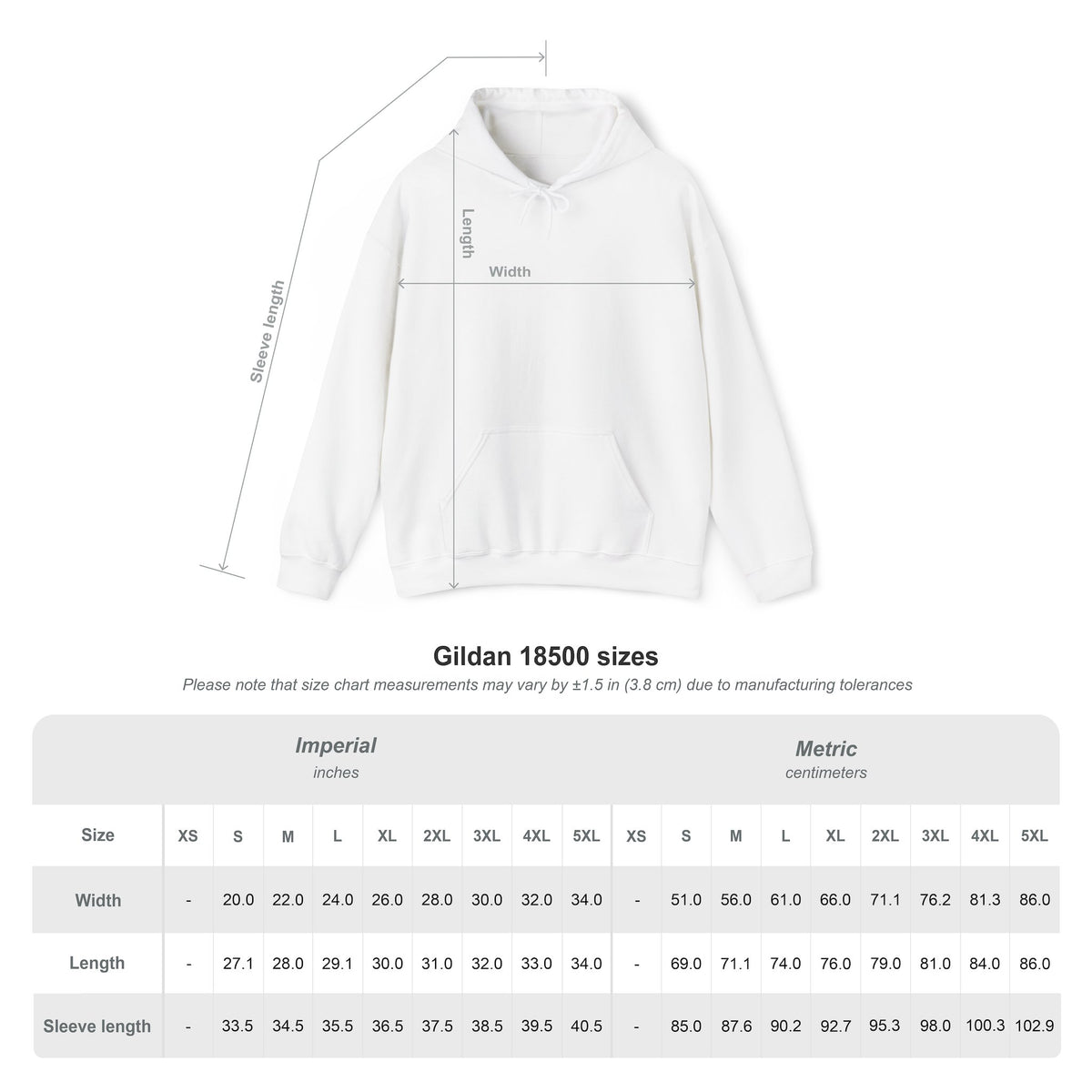 Puerto Rican coquí Santa hoodie size chart showing garment measurements for sizes S through 5XL.