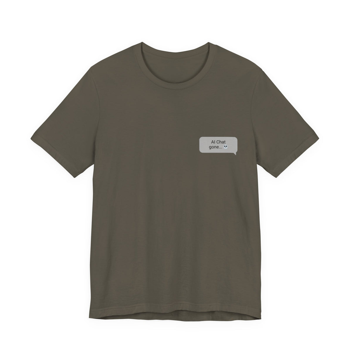 Is This a Good Idea graphic tee flat lay in military green with left chest chat bubble print
