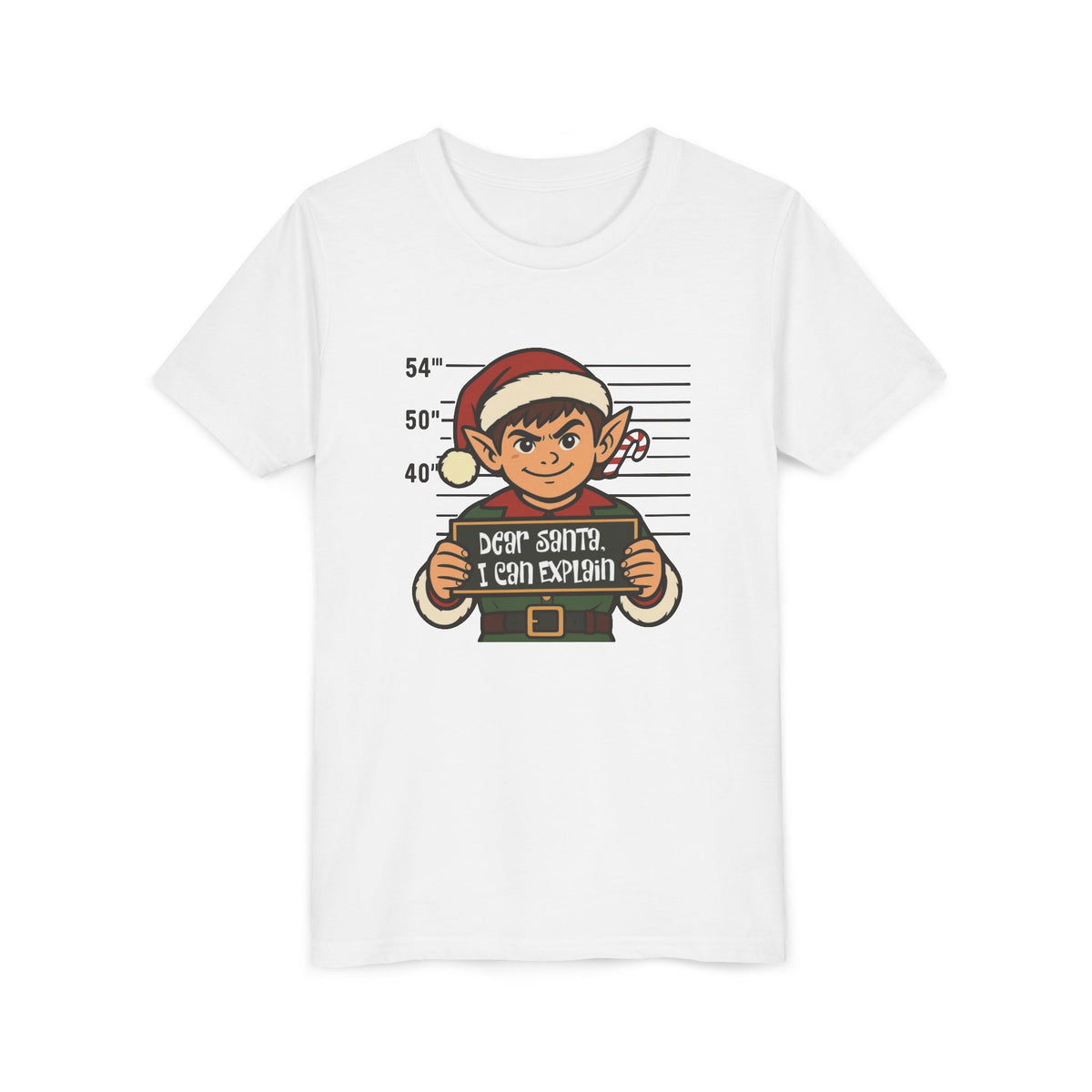 White Dear Santa I Can Explain kids Christmas elf t-shirt, front view