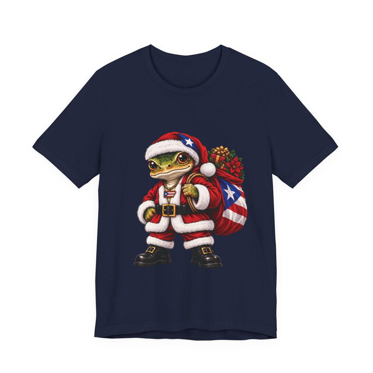Navy Puerto Rican coquí Santa Christmas t-shirt displayed flat.