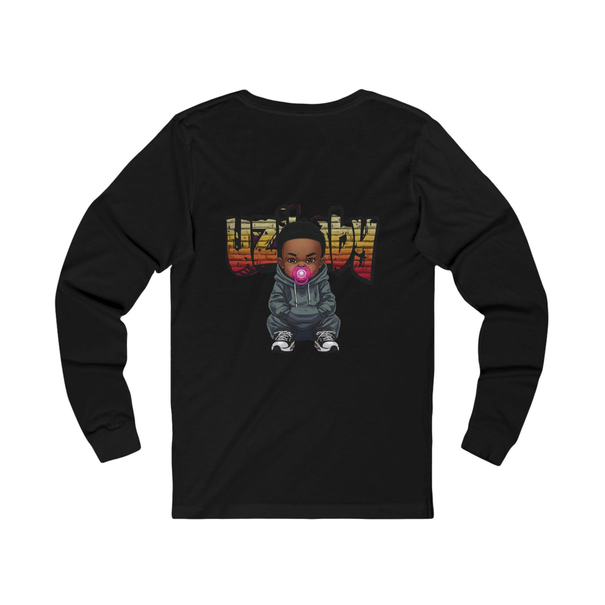 Back view of a black Uzi Baby long-sleeve t-shirt with the Uzi Baby character and UZIBABY logo print