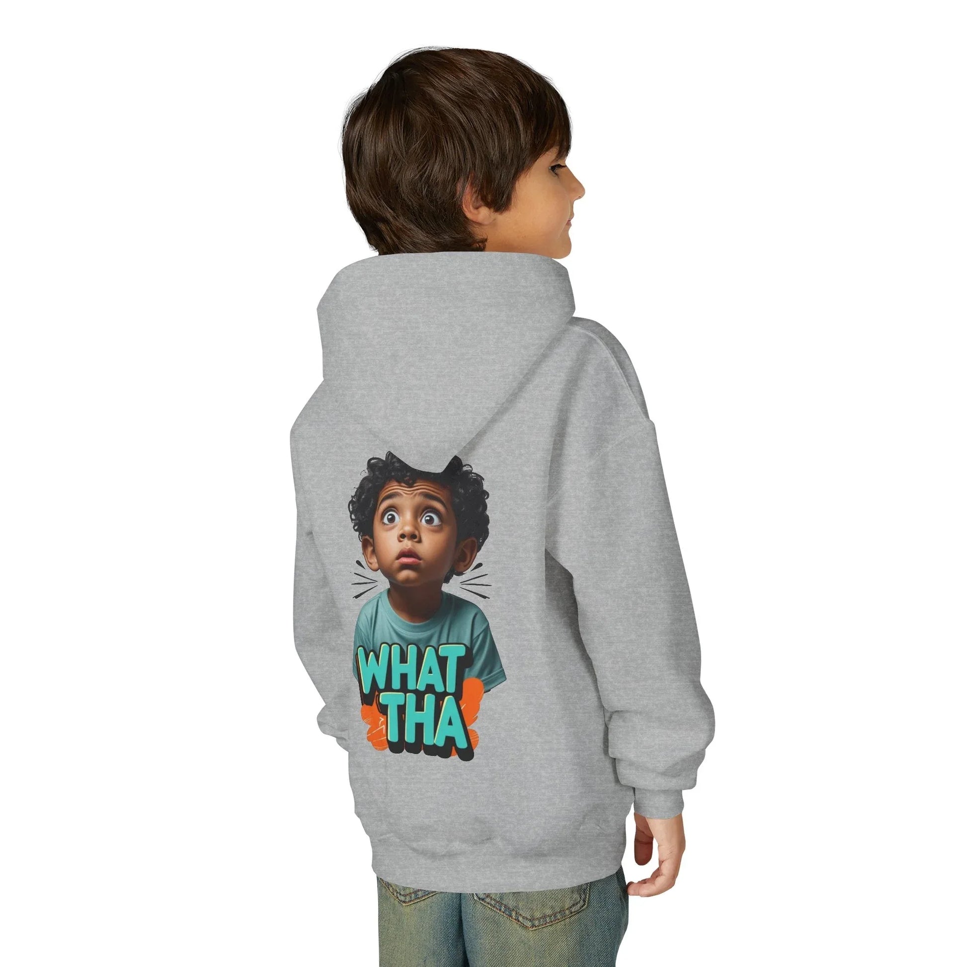Youth Hoodie — Cute Kid Illustration "What Tha" Graphic Sweatshirt Printify