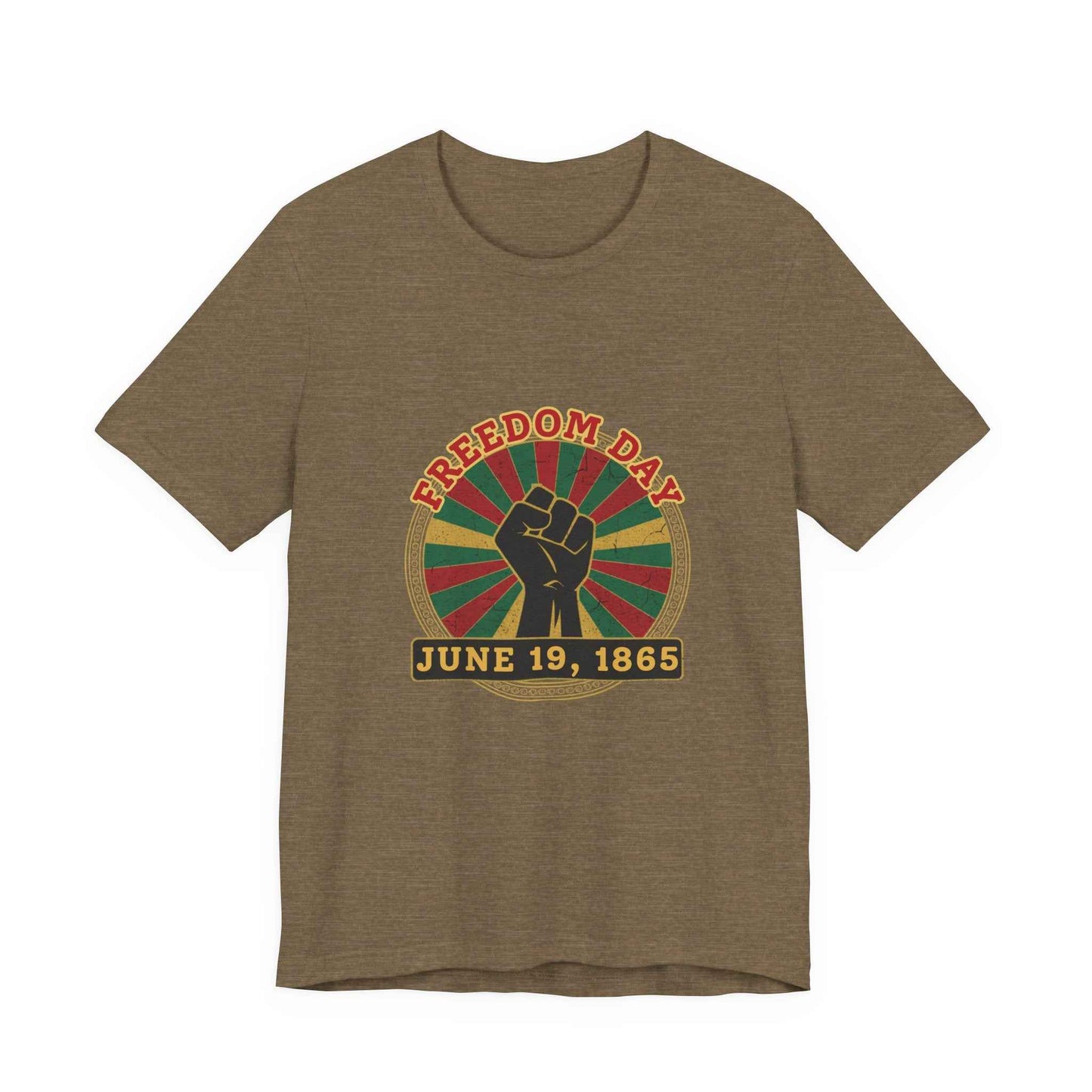 Freedom Day Juneteenth Tee in Heather Olive – flat lay mockup of vintage June 19 1865 sunburst graphic tee

