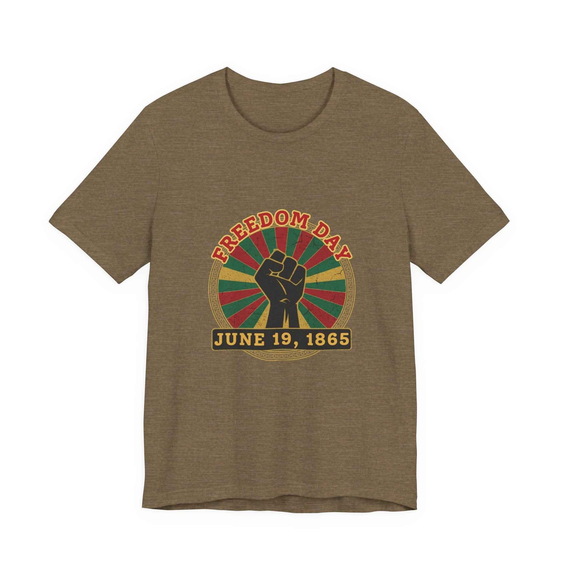 Freedom Day Juneteenth Tee in Heather Olive – flat lay mockup of vintage June 19 1865 sunburst graphic tee

