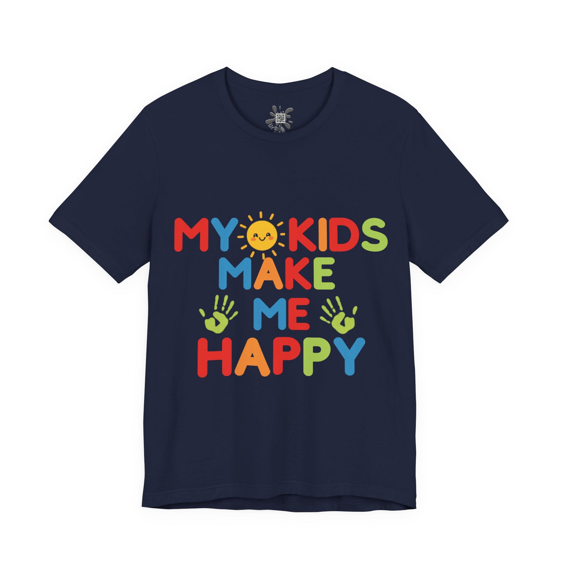 Black t-shirt with colorful text 'MY KIDS MAKE ME HAPPY' on a white background