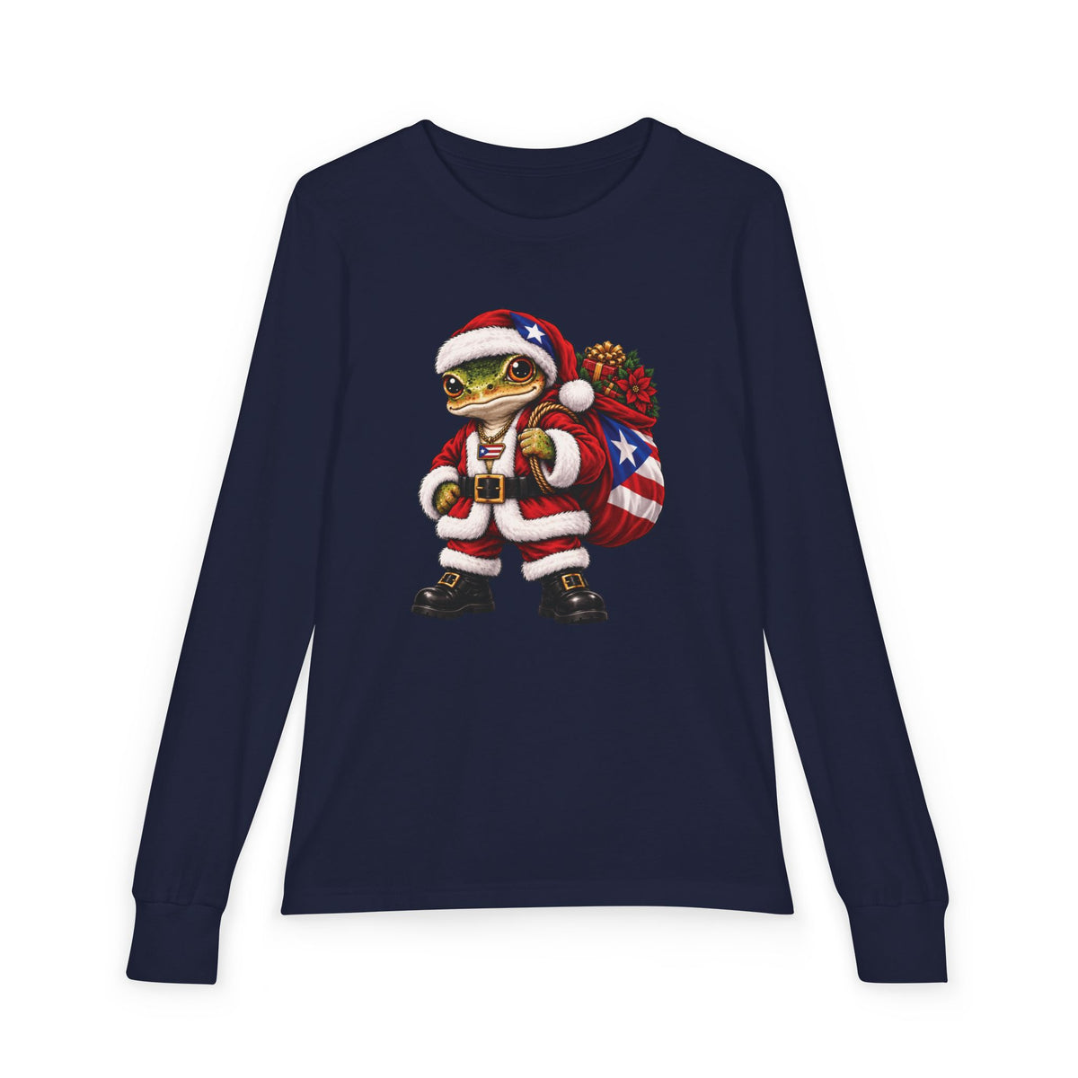 Front view of a navy long-sleeve Christmas t-shirt with a Puerto Rican coquí graphic.