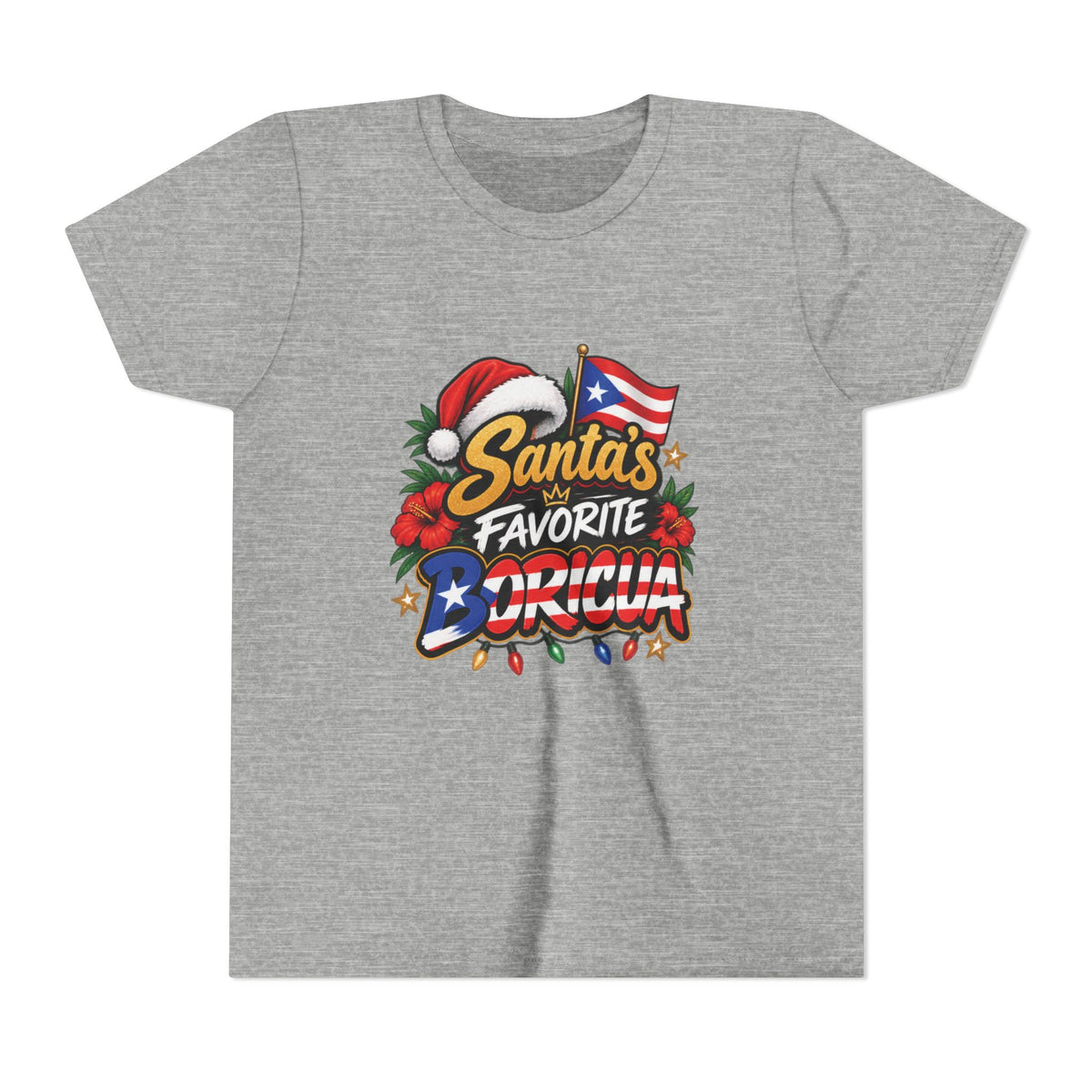 A heather gray short-sleeve t-shirt with a colorful graphic on the front that reads 'Santa's Favorite Boricua with a Santa hat, Puerto Rican flag, and Christmas lights.